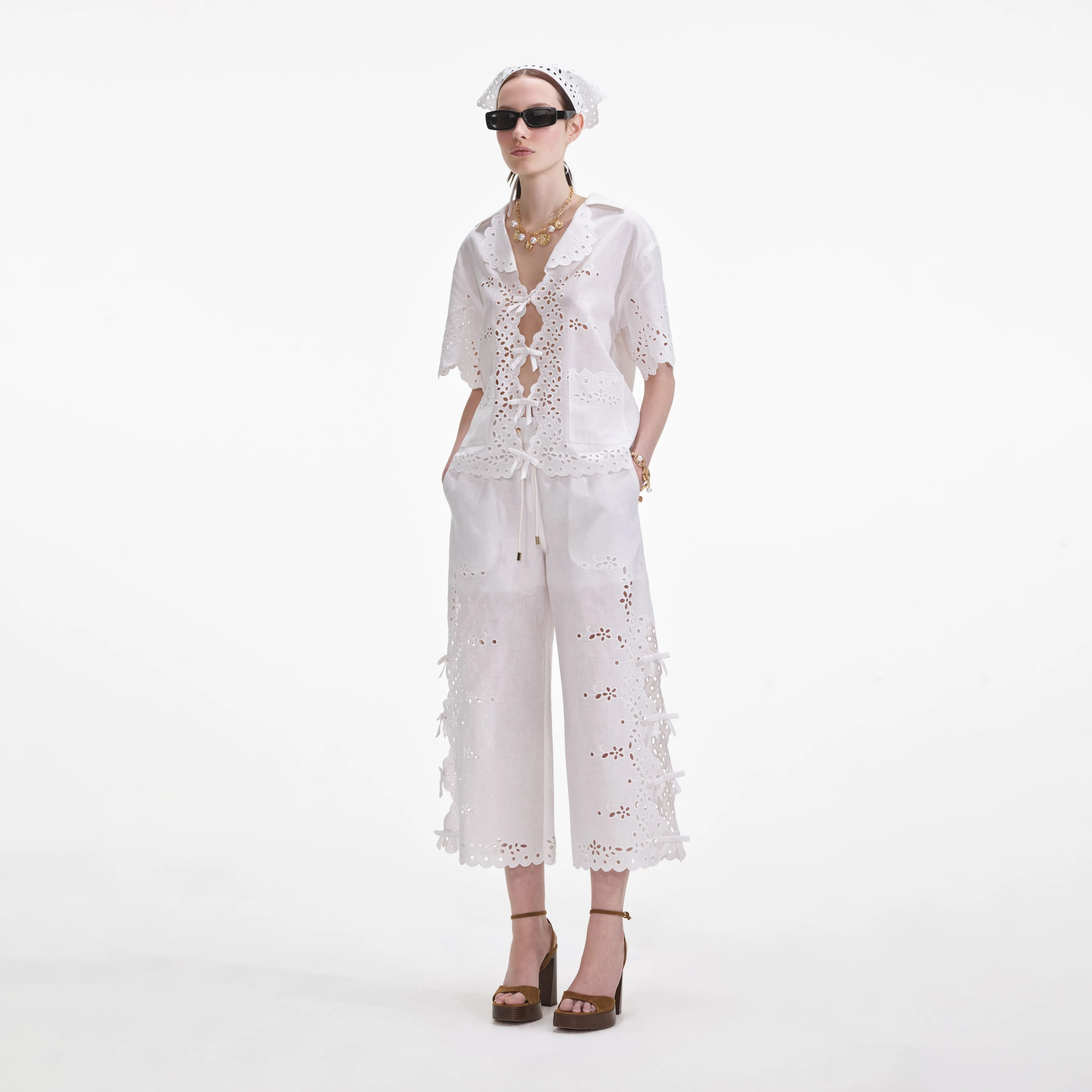 Cream Linen Embroidered Trousers Self Portrait