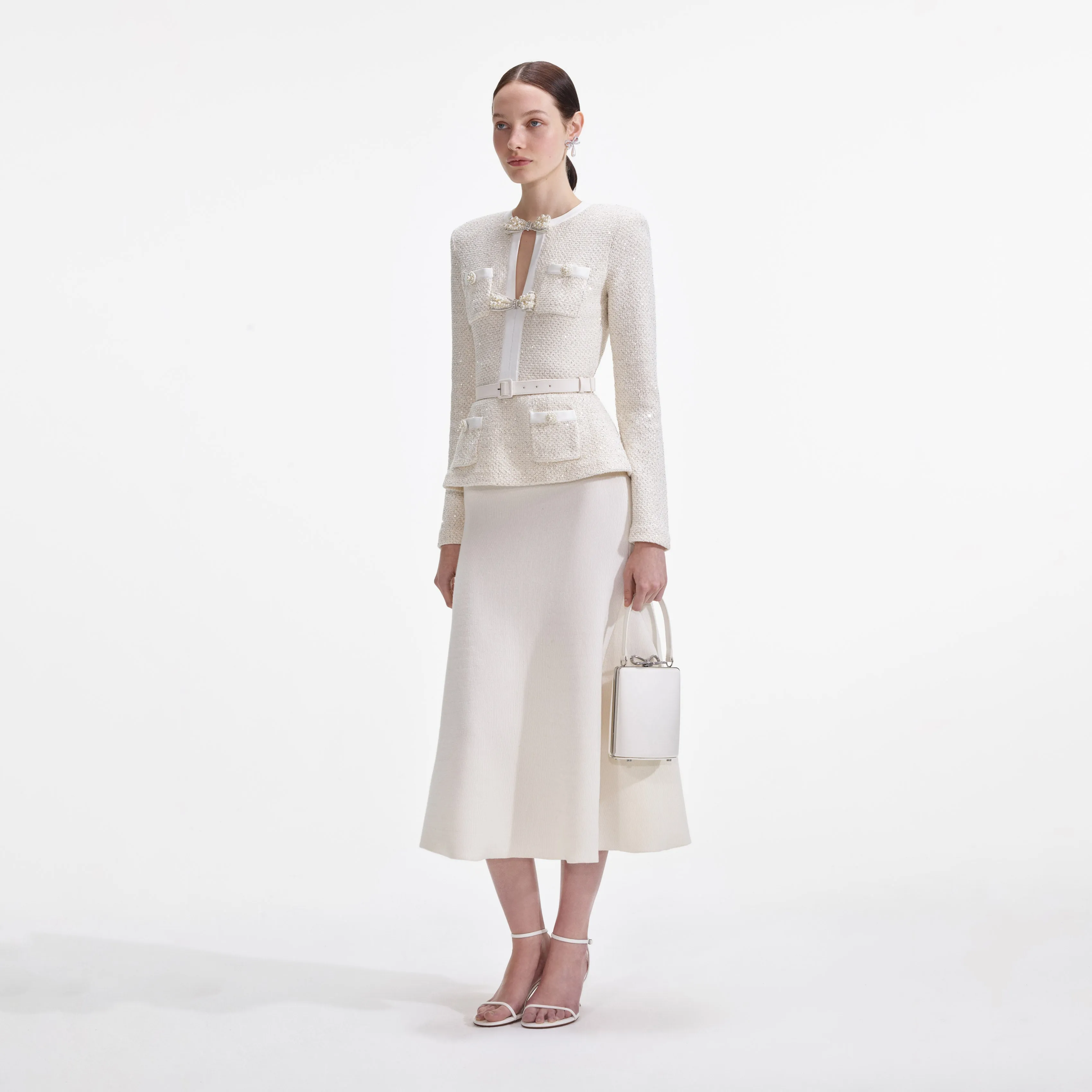 Cream Sequin Knit Tailored Midi Dress Self Portrait