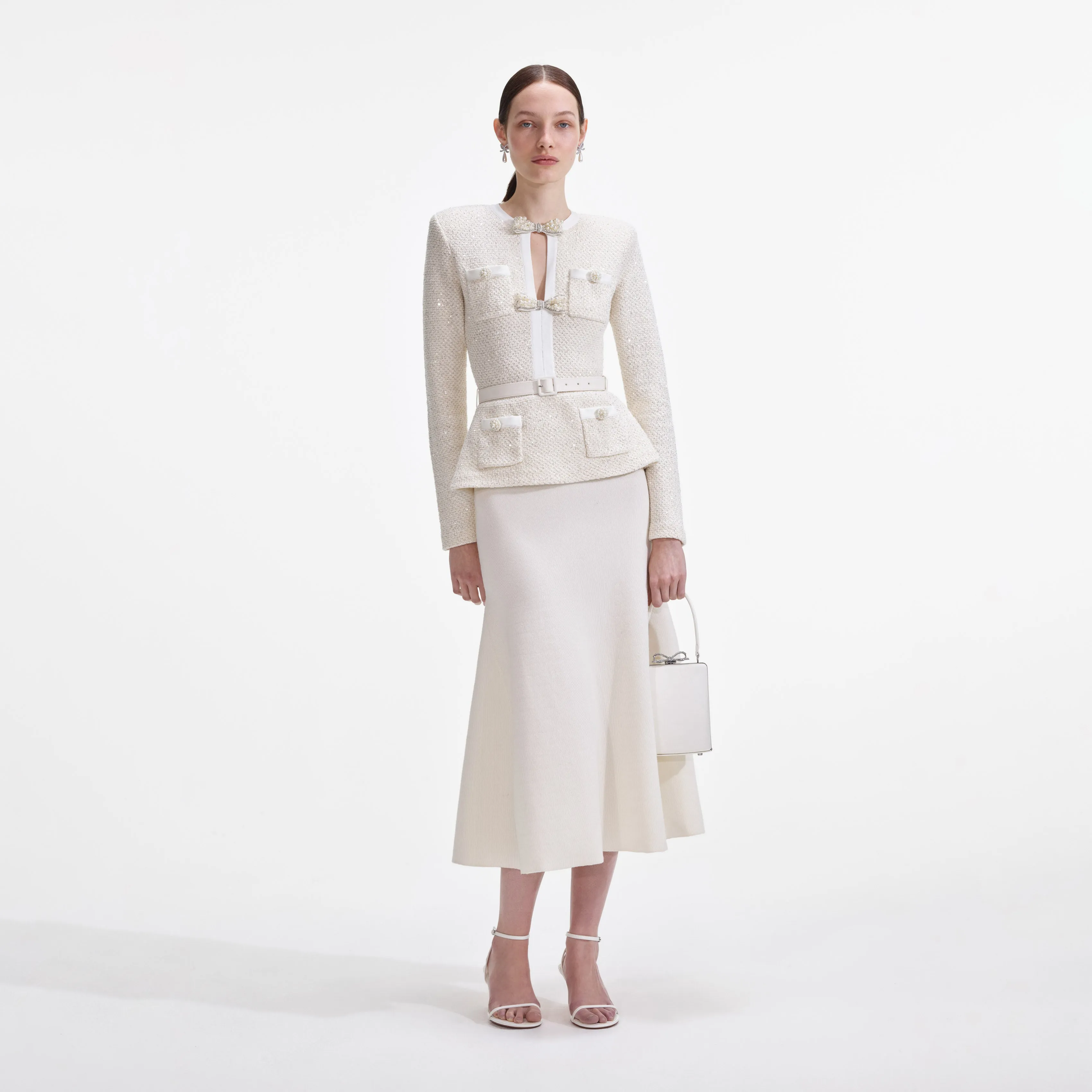 Cream Sequin Knit Tailored Midi Dress Self Portrait