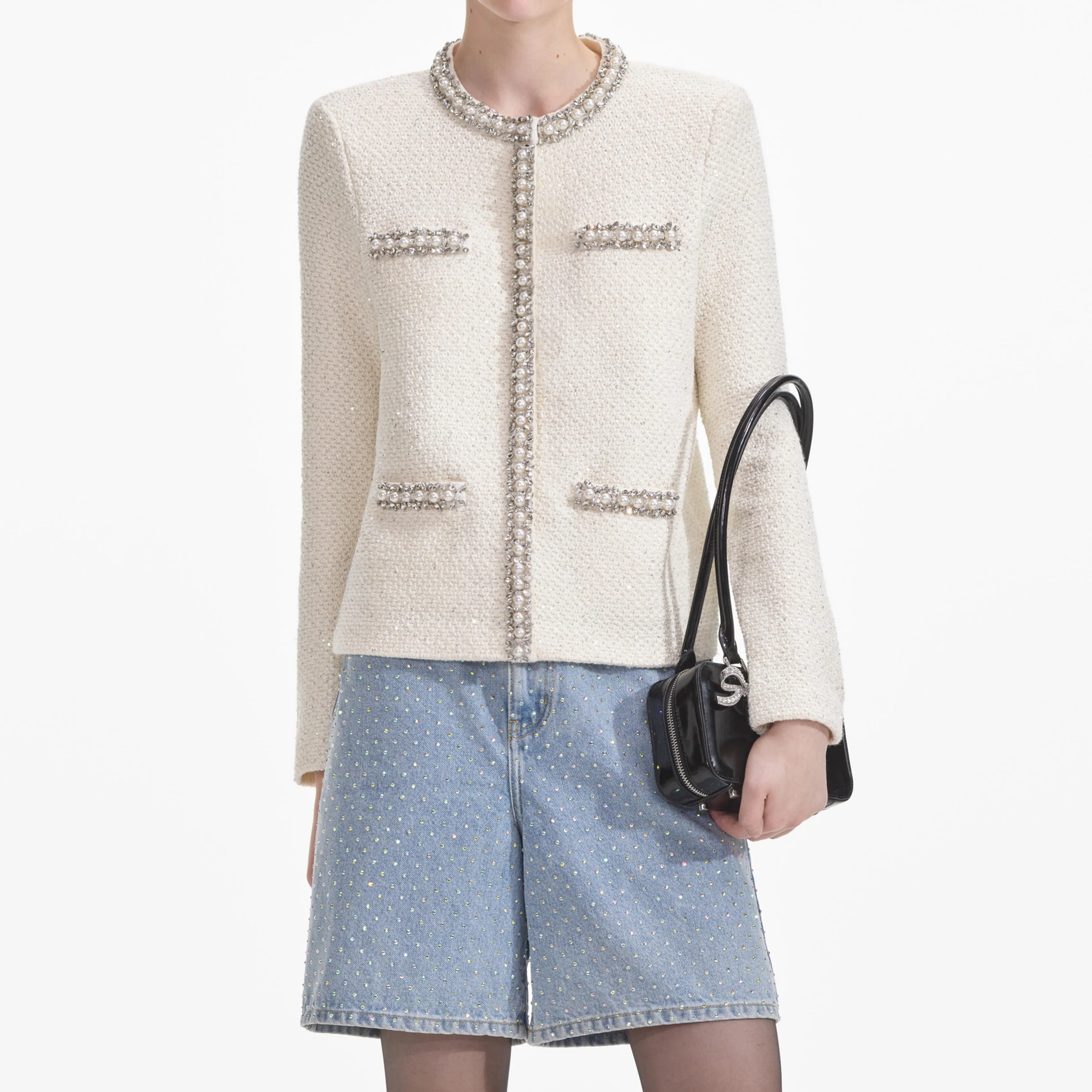 Cream Textured Knit Embellished Cardigan Self Portrait