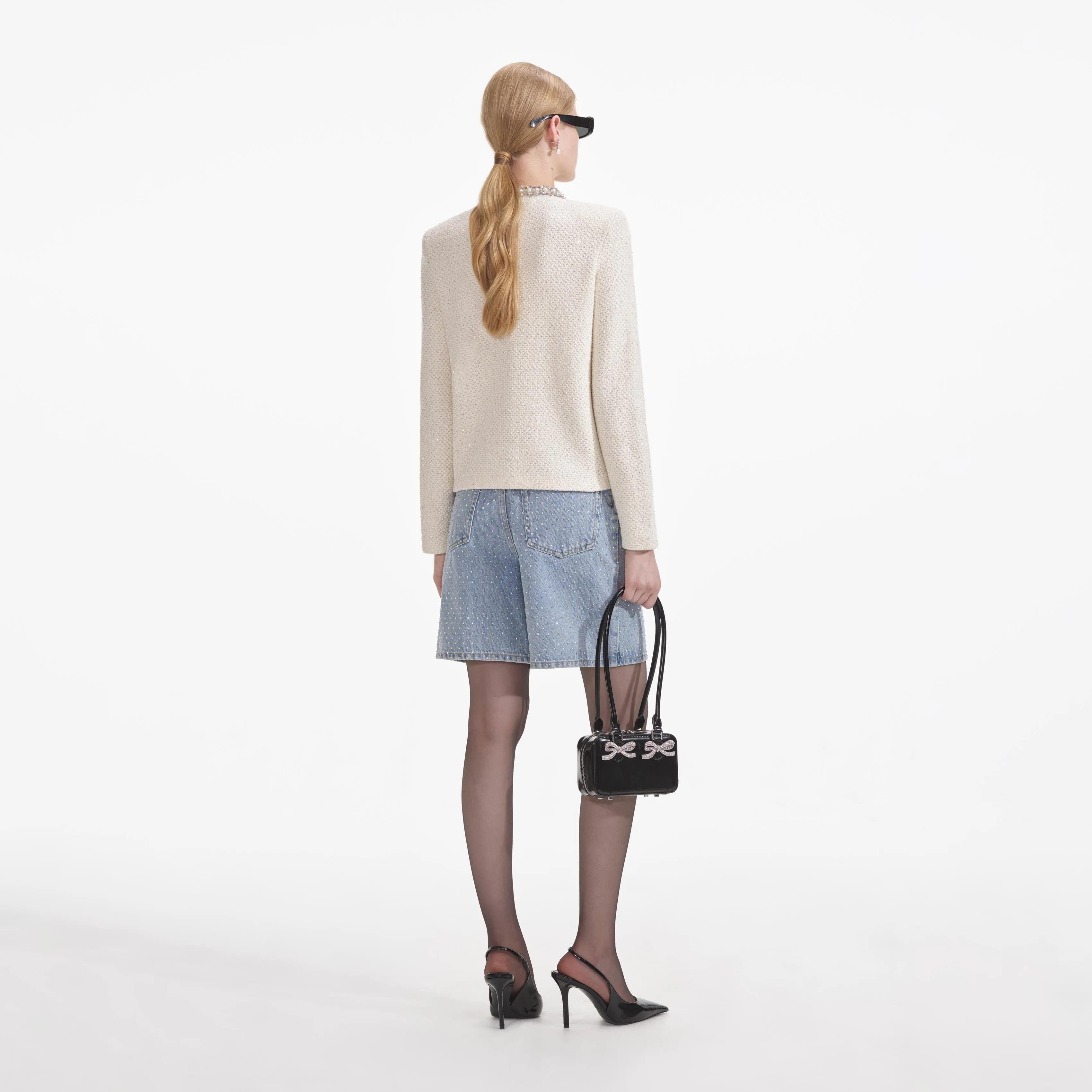 Cream Textured Knit Embellished Cardigan Self Portrait
