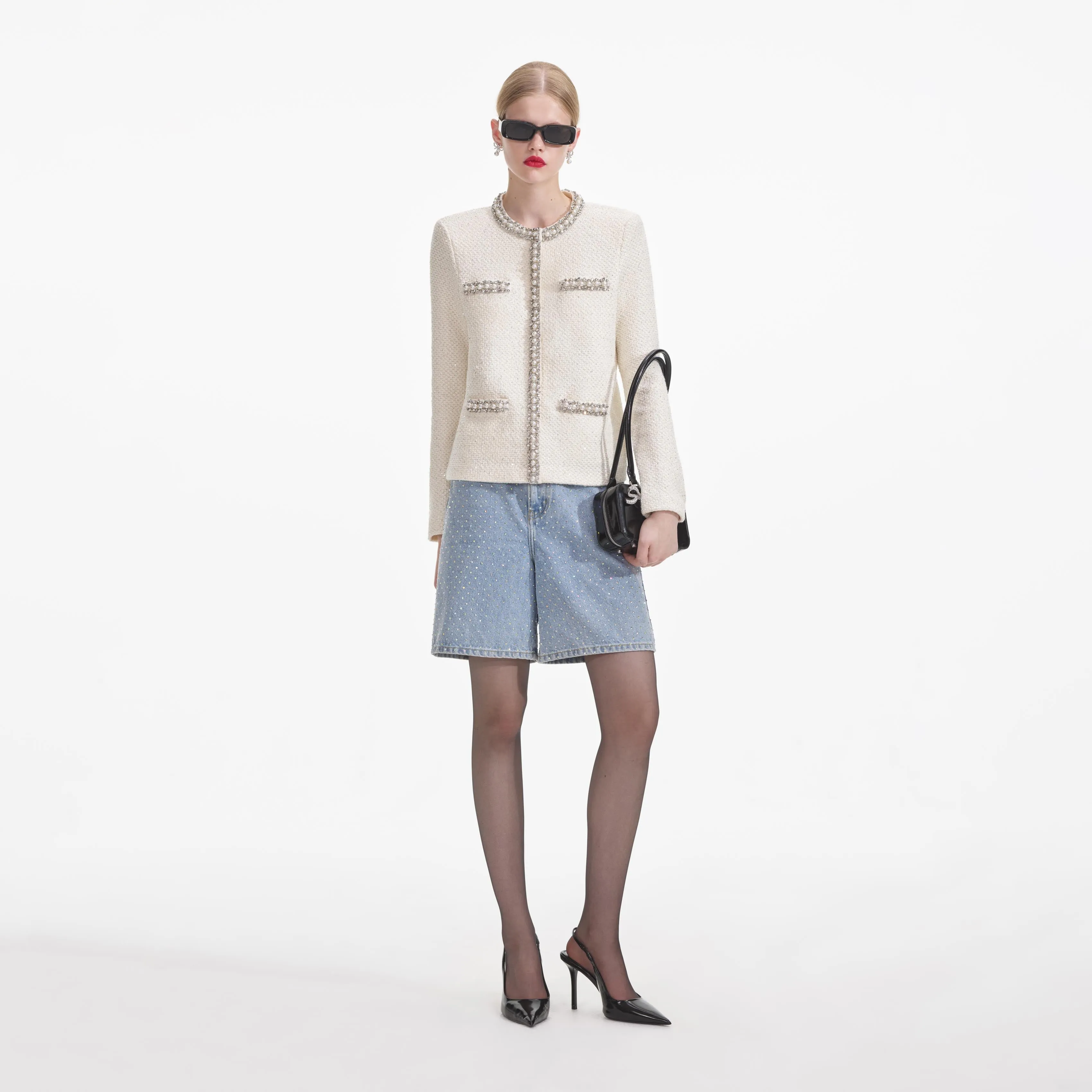 Cream Textured Knit Embellished Cardigan Self Portrait