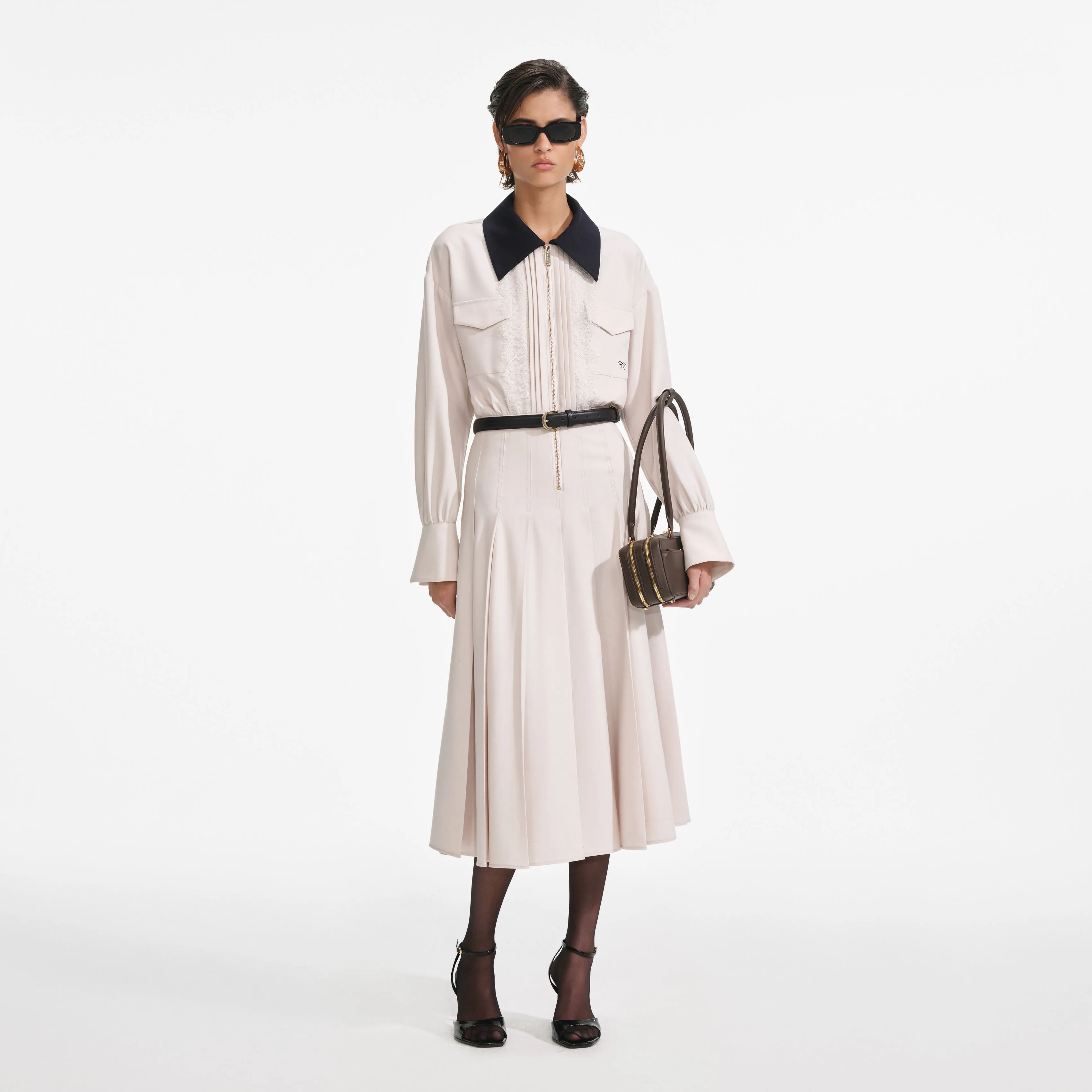 Cream Twill Contrast Collar Midi Dress Self Portrait