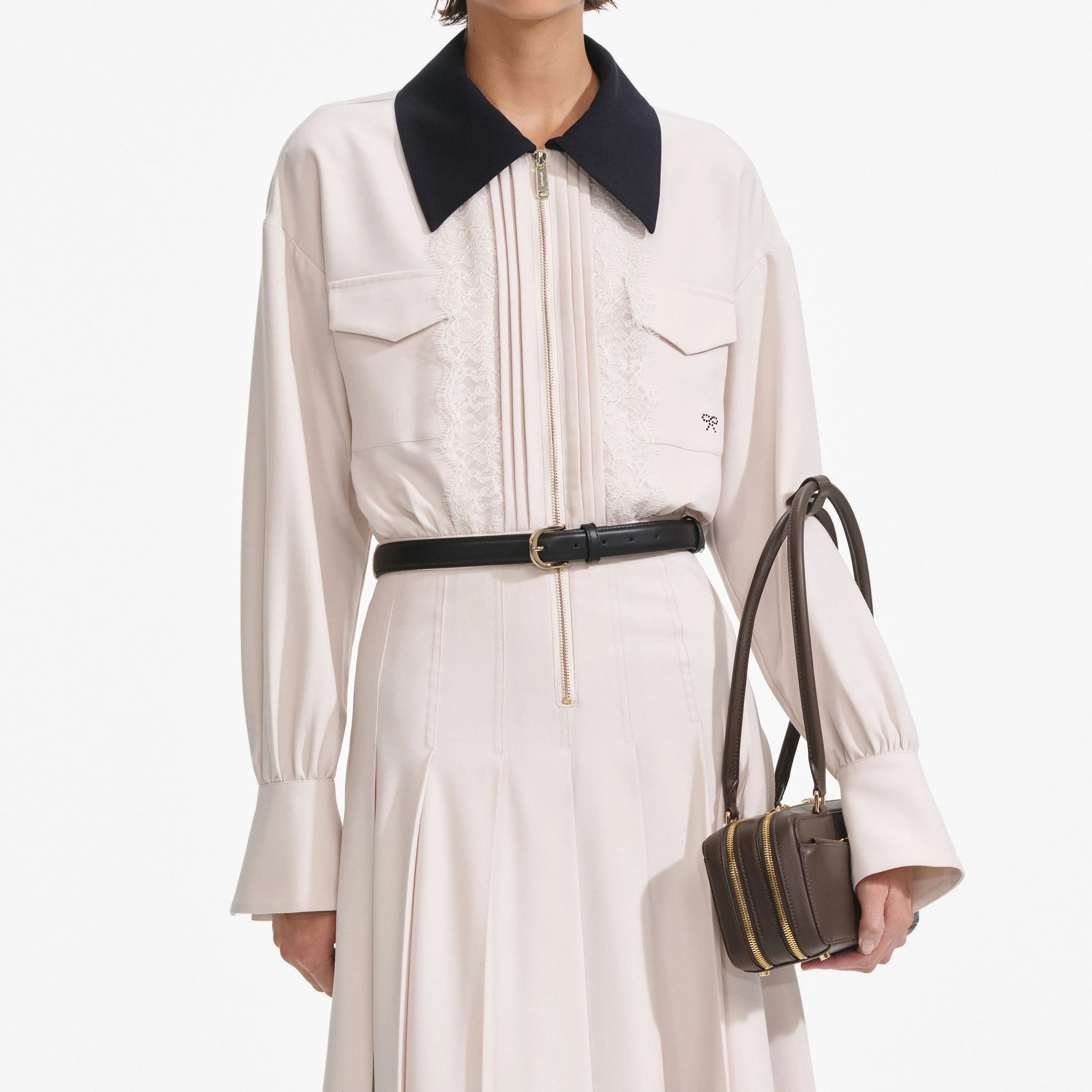 Cream Twill Contrast Collar Midi Dress Self Portrait