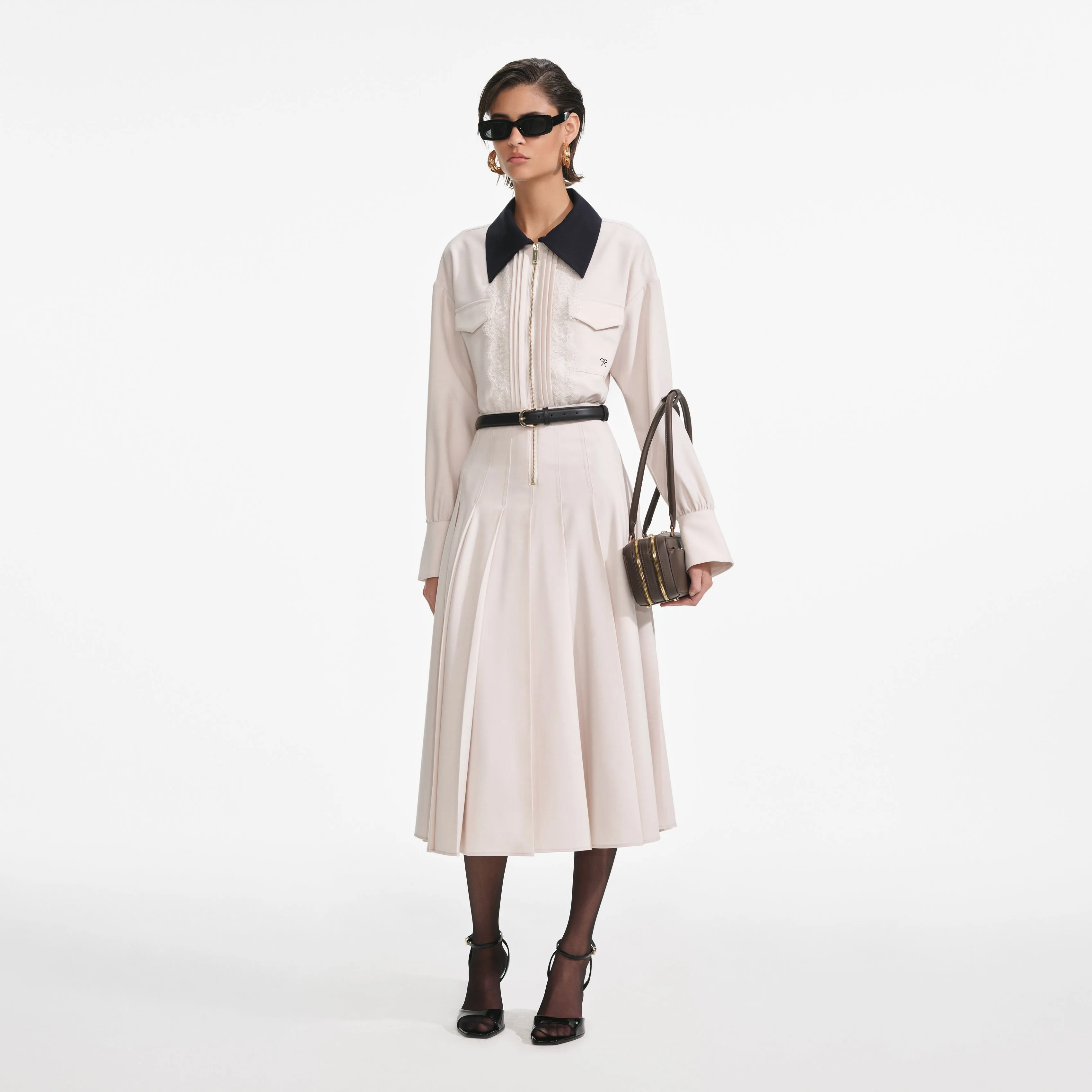 Cream Twill Contrast Collar Midi Dress Self Portrait