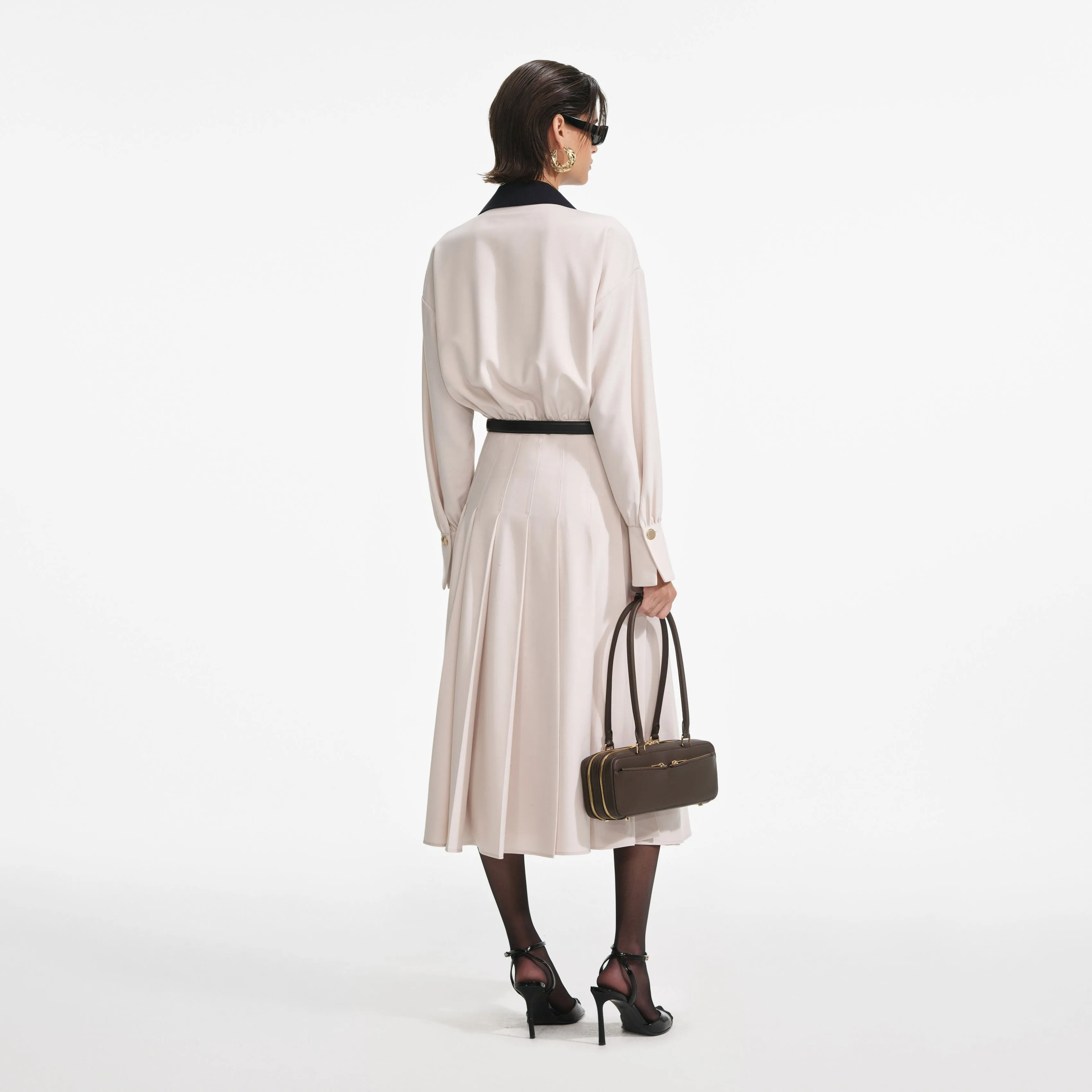 Cream Twill Contrast Collar Midi Dress Self Portrait