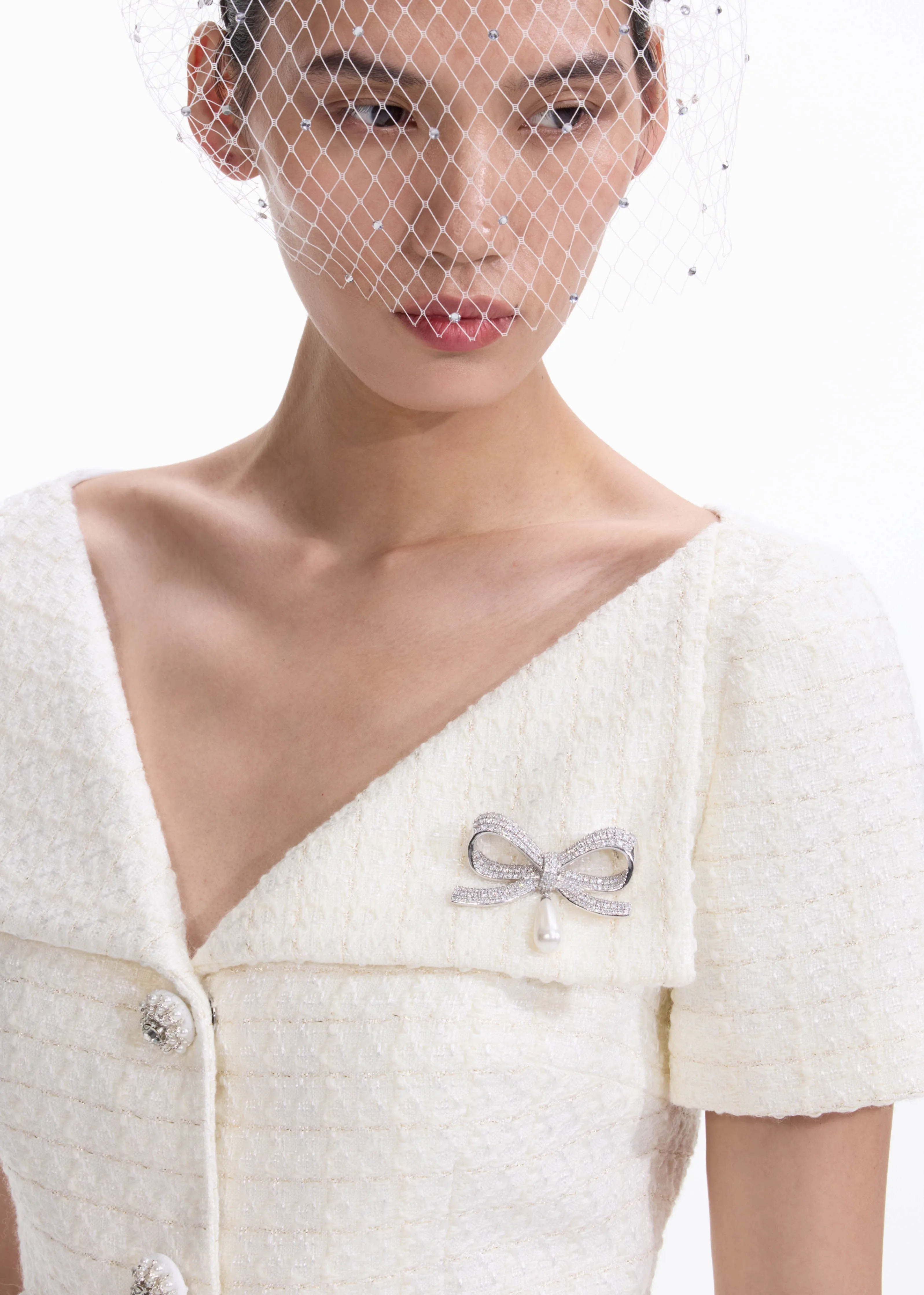 Crystal Bow Pearl Droplet Brooch Self Portrait