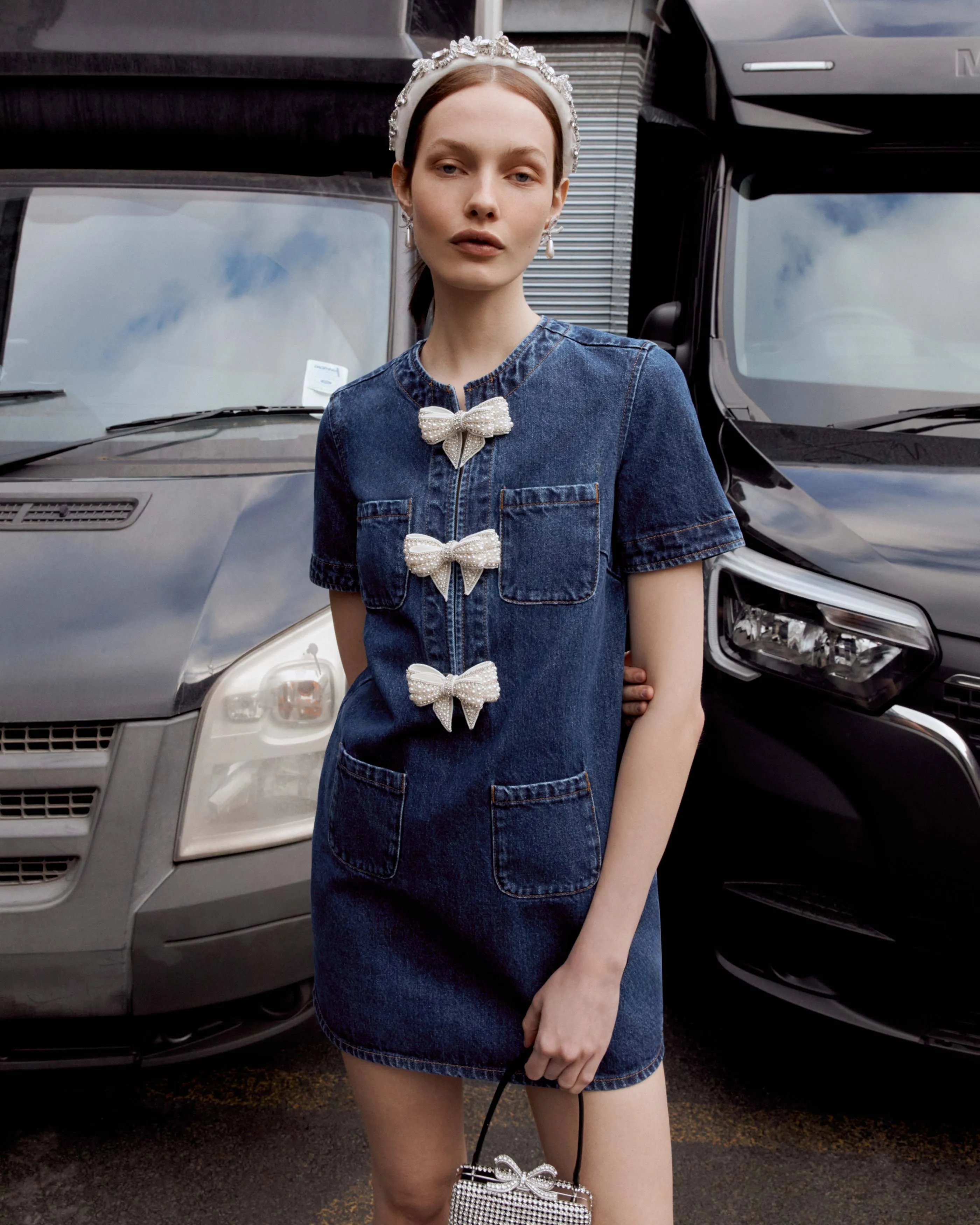 Denim Bow Mini Dress Self Portrait