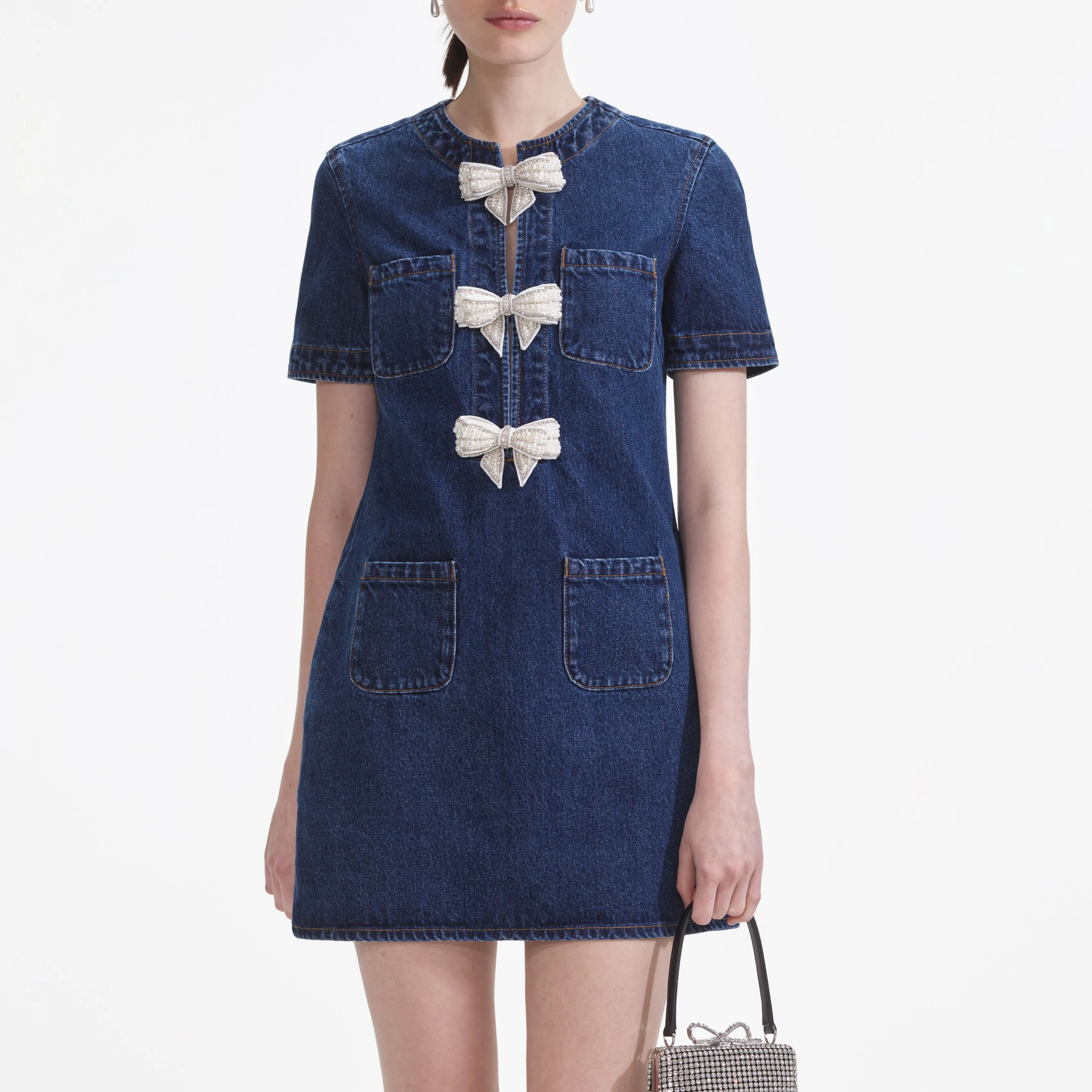 Denim Bow Mini Dress Self Portrait