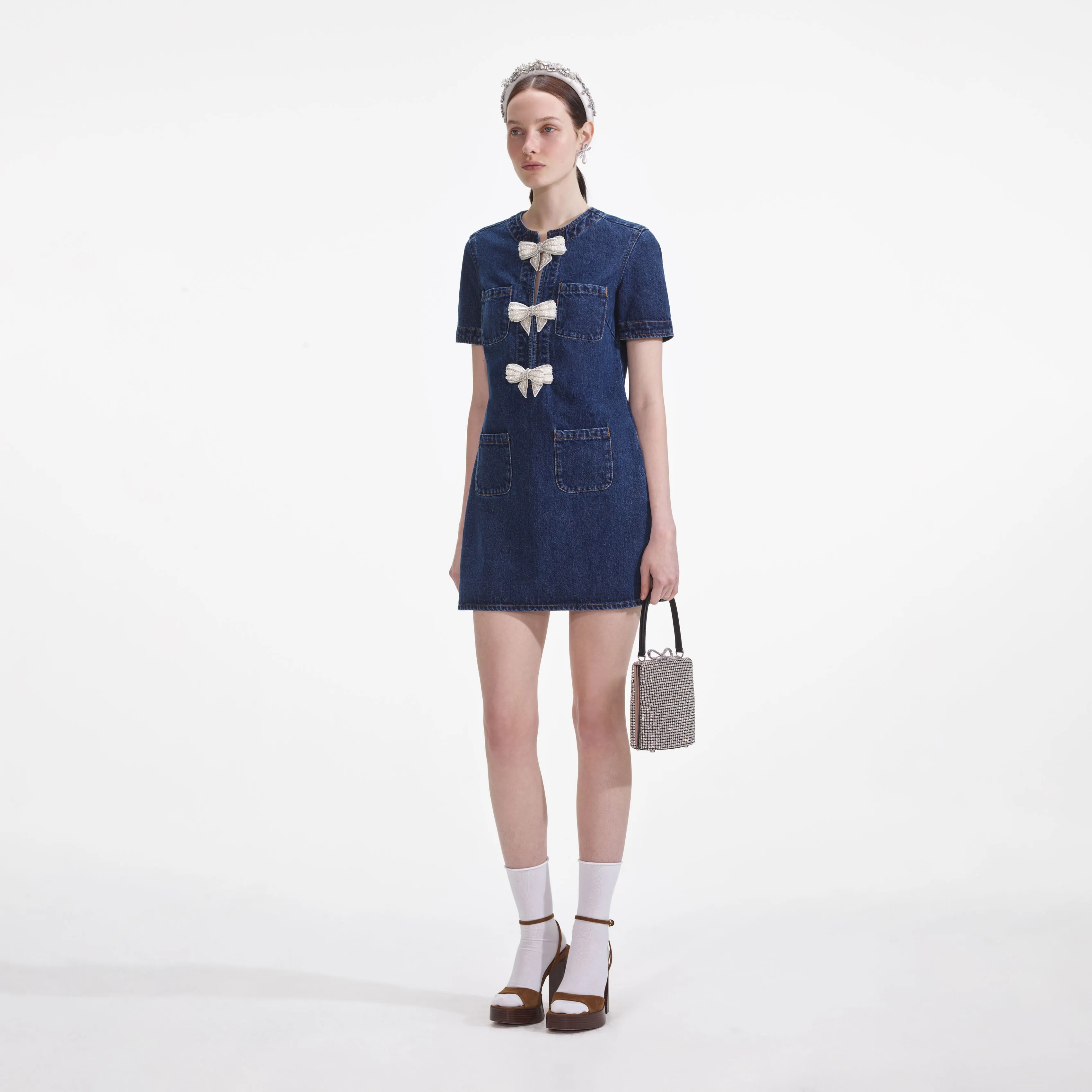 Denim Bow Mini Dress Self Portrait