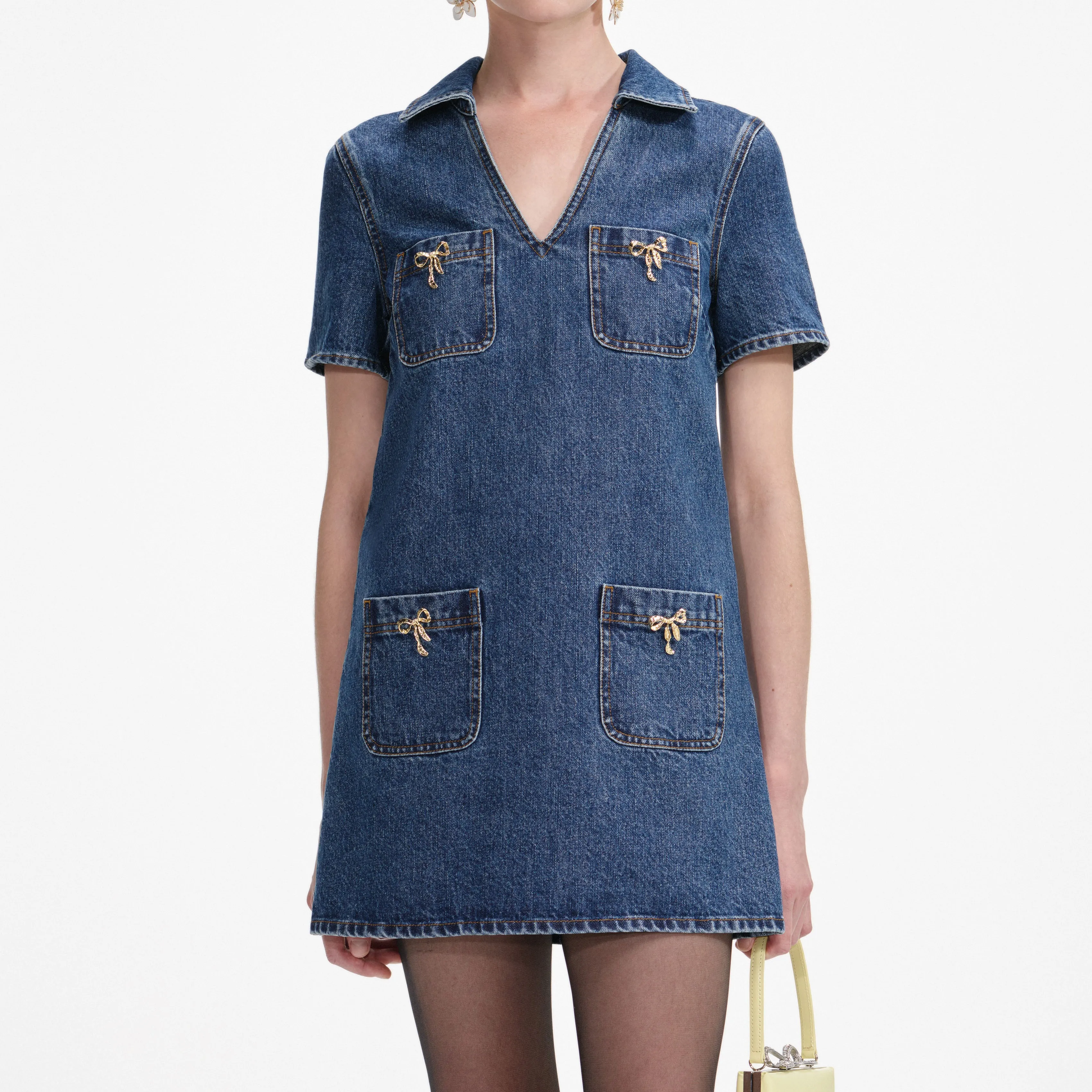 Denim Crystal Bow Mini Dress Self Portrait