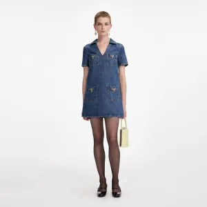 Denim Crystal Bow Mini Dress Self Portrait