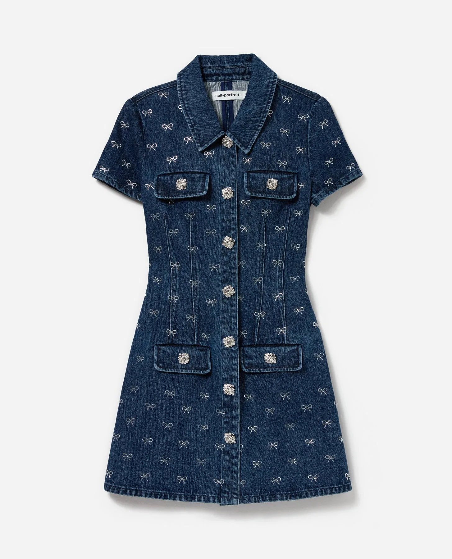 Denim Diamante Bow Collared Mini Dress Self Portrait