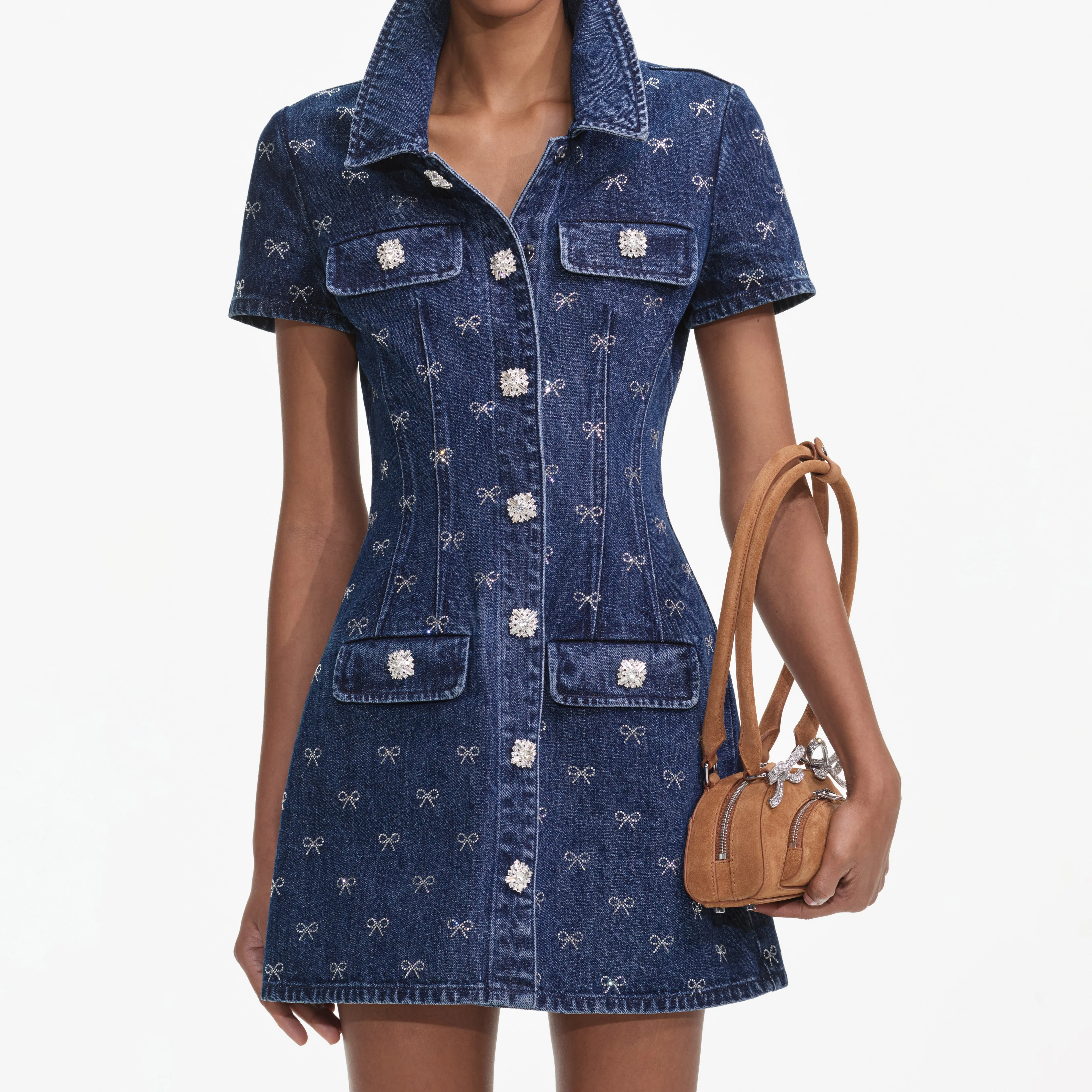 Denim Diamante Bow Collared Mini Dress Self Portrait