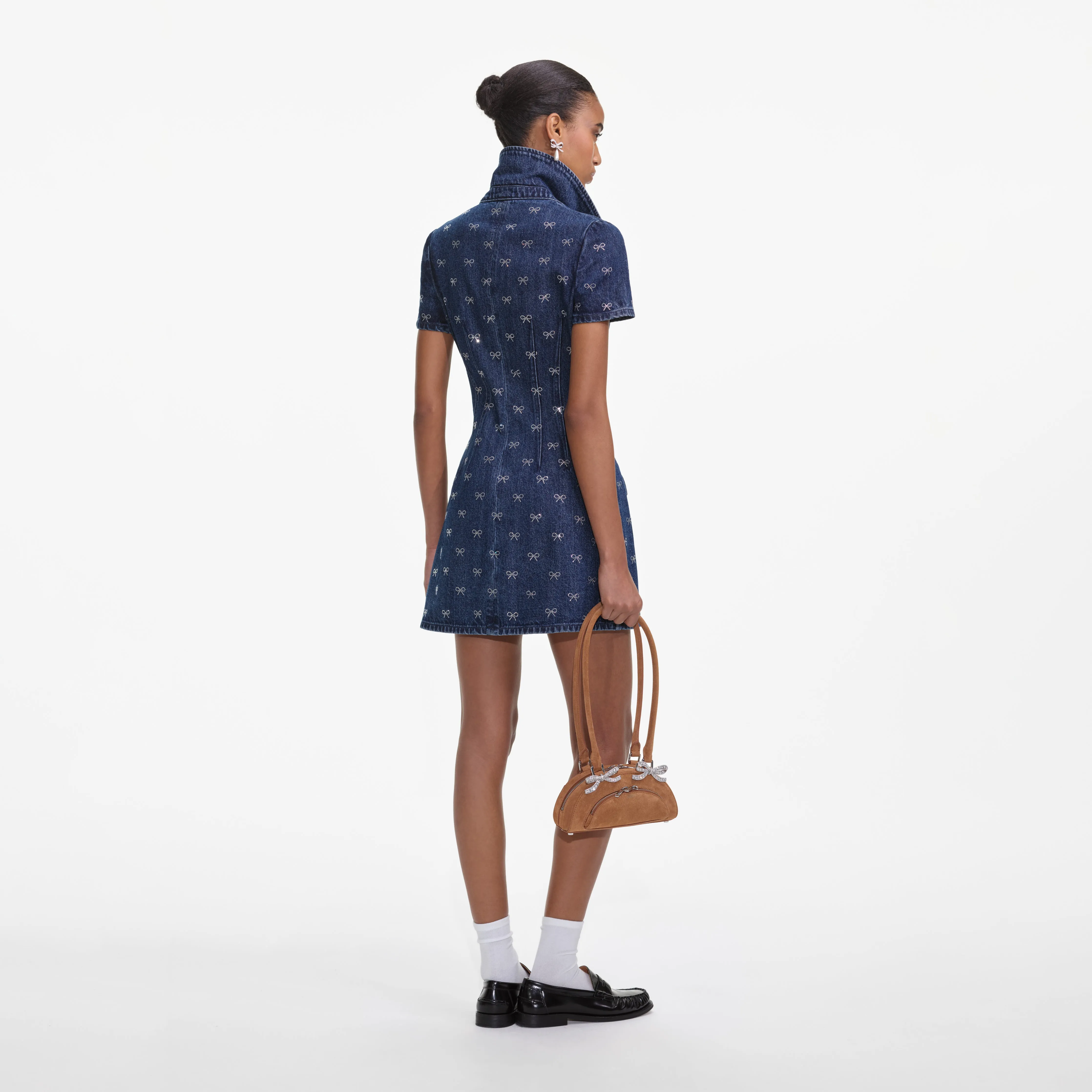Denim Diamante Bow Collared Mini Dress Self Portrait