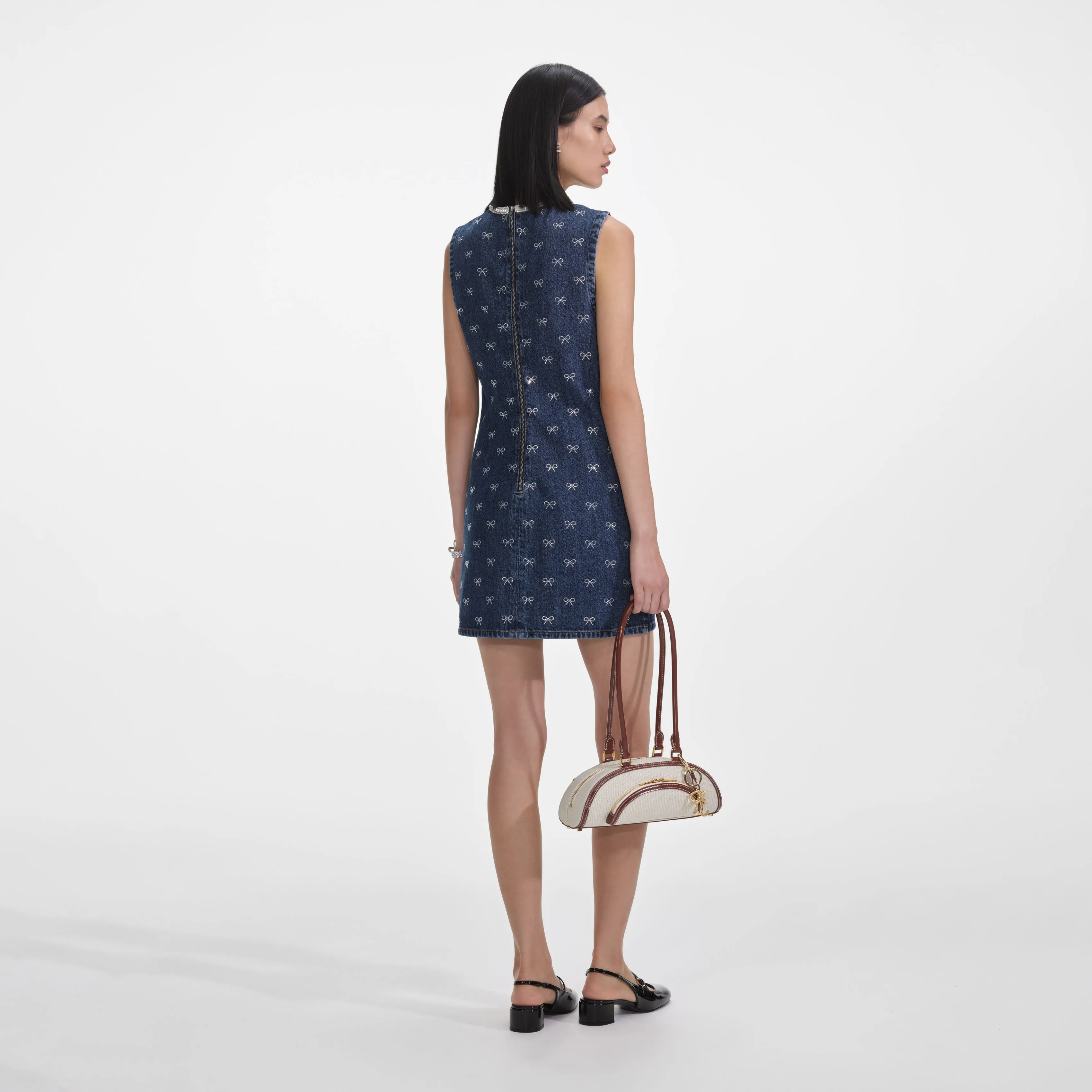Denim Diamante Bow Mini Dress Self Portrait
