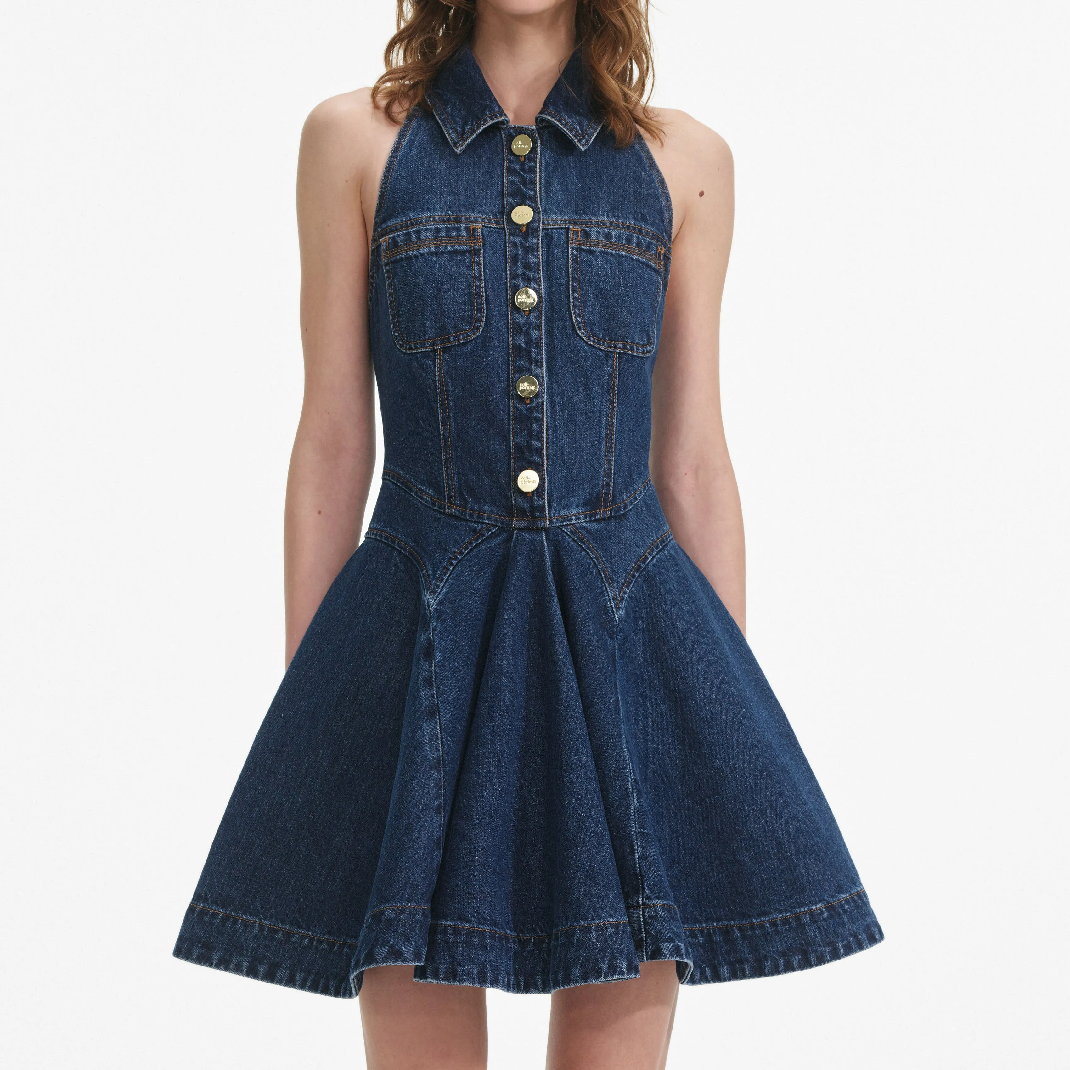 Denim Sleeveless Flared Mini Dress Self Portrait