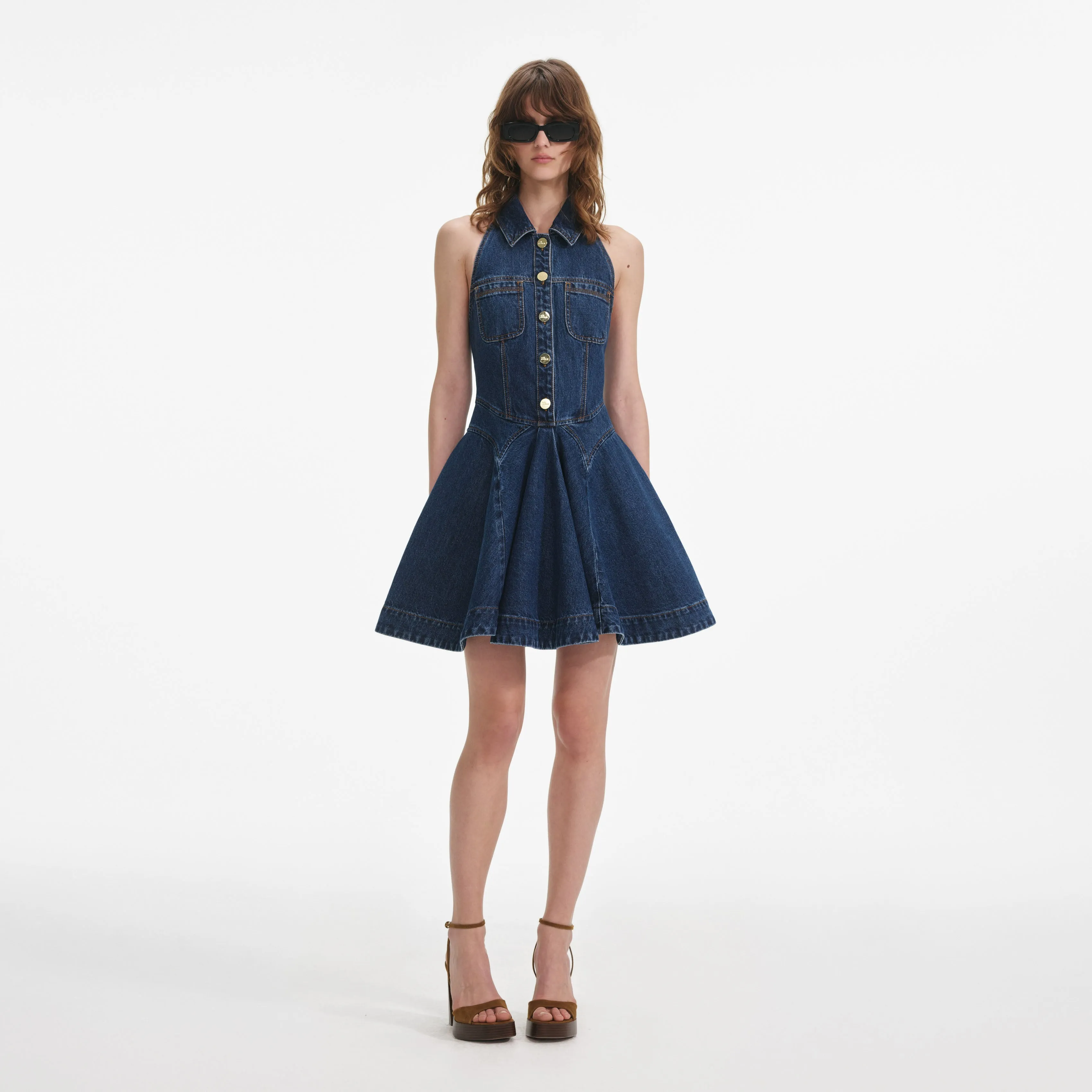 Denim Sleeveless Flared Mini Dress Self Portrait