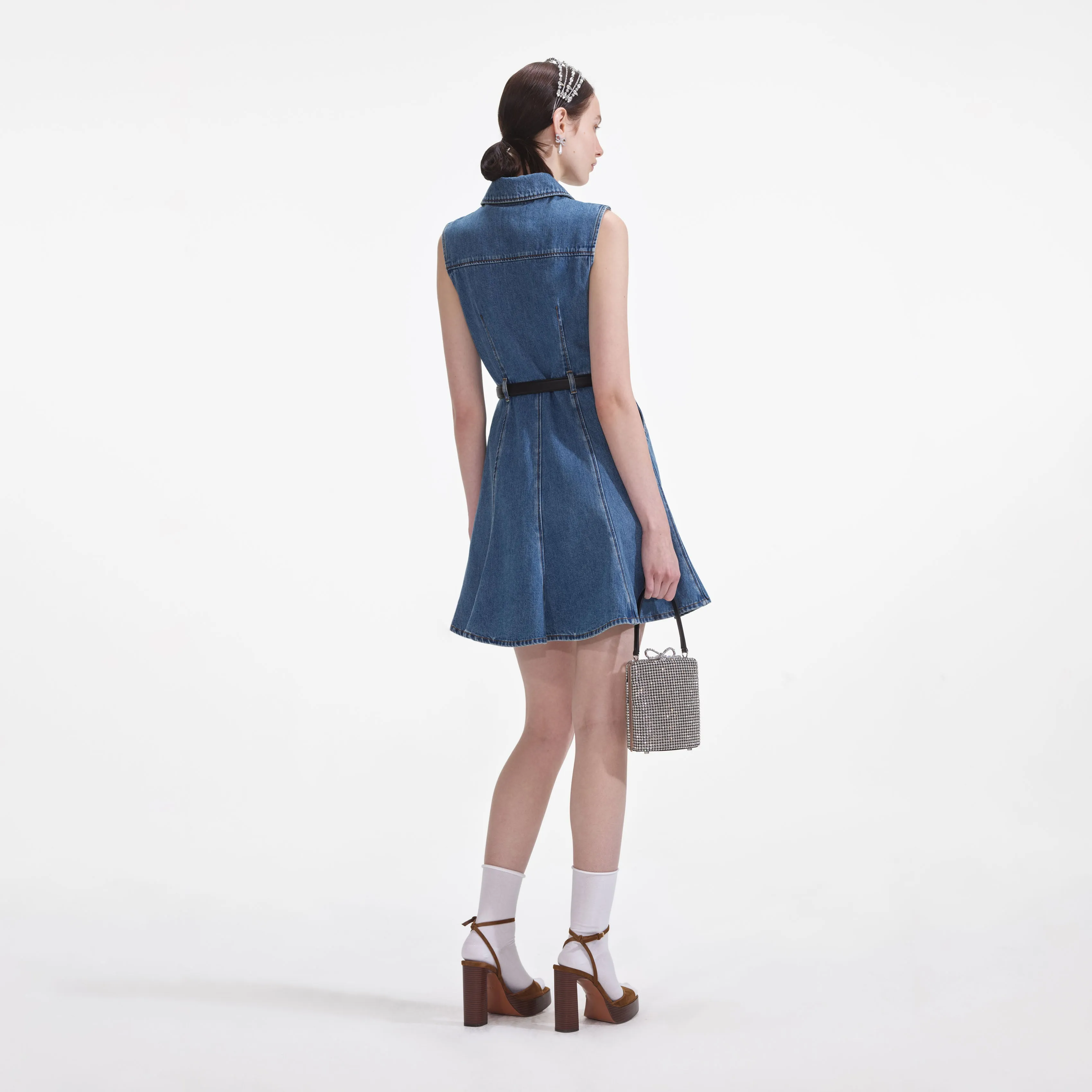 Denim Sleeveless Pearl Mini Dress Self Portrait
