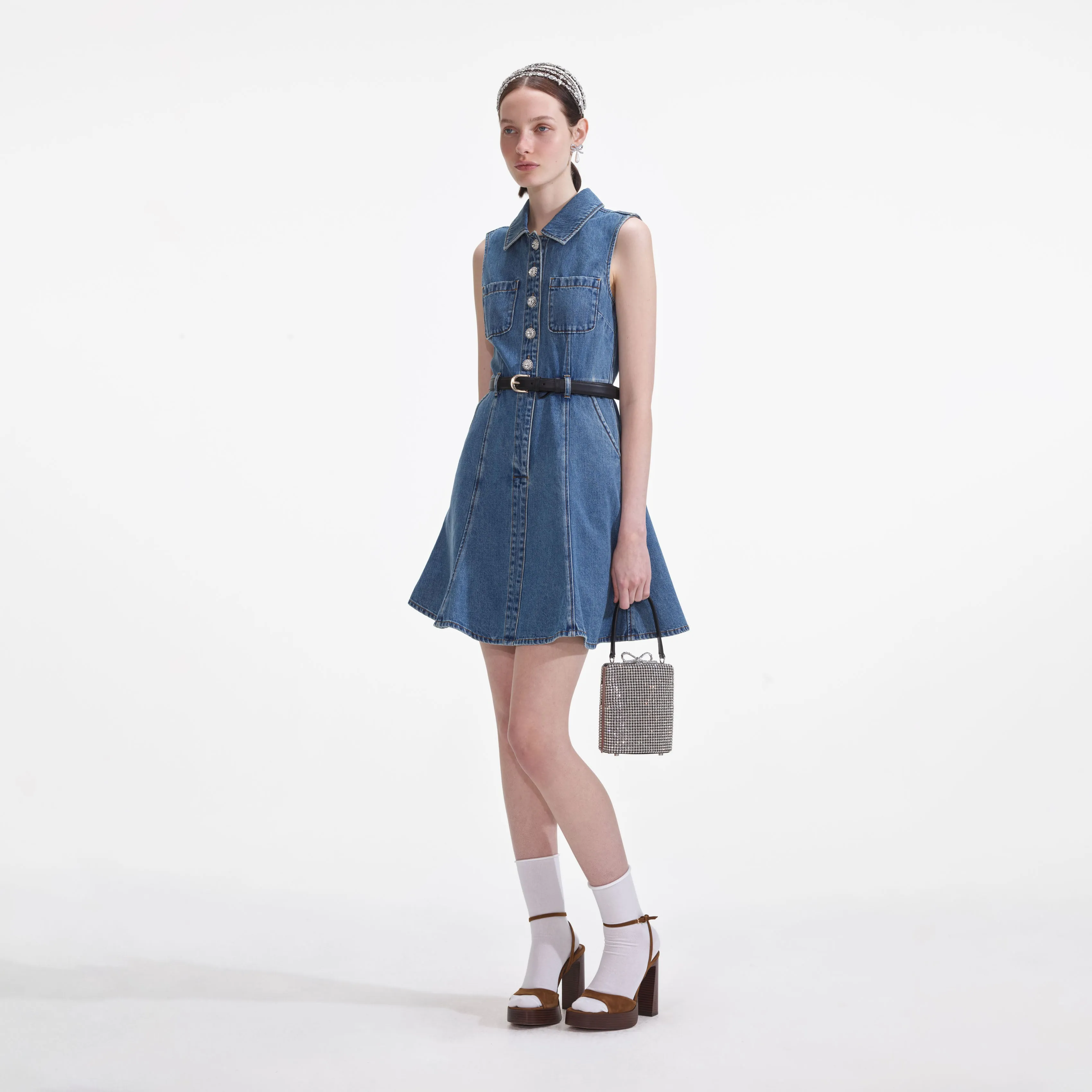 Denim Sleeveless Pearl Mini Dress Self Portrait