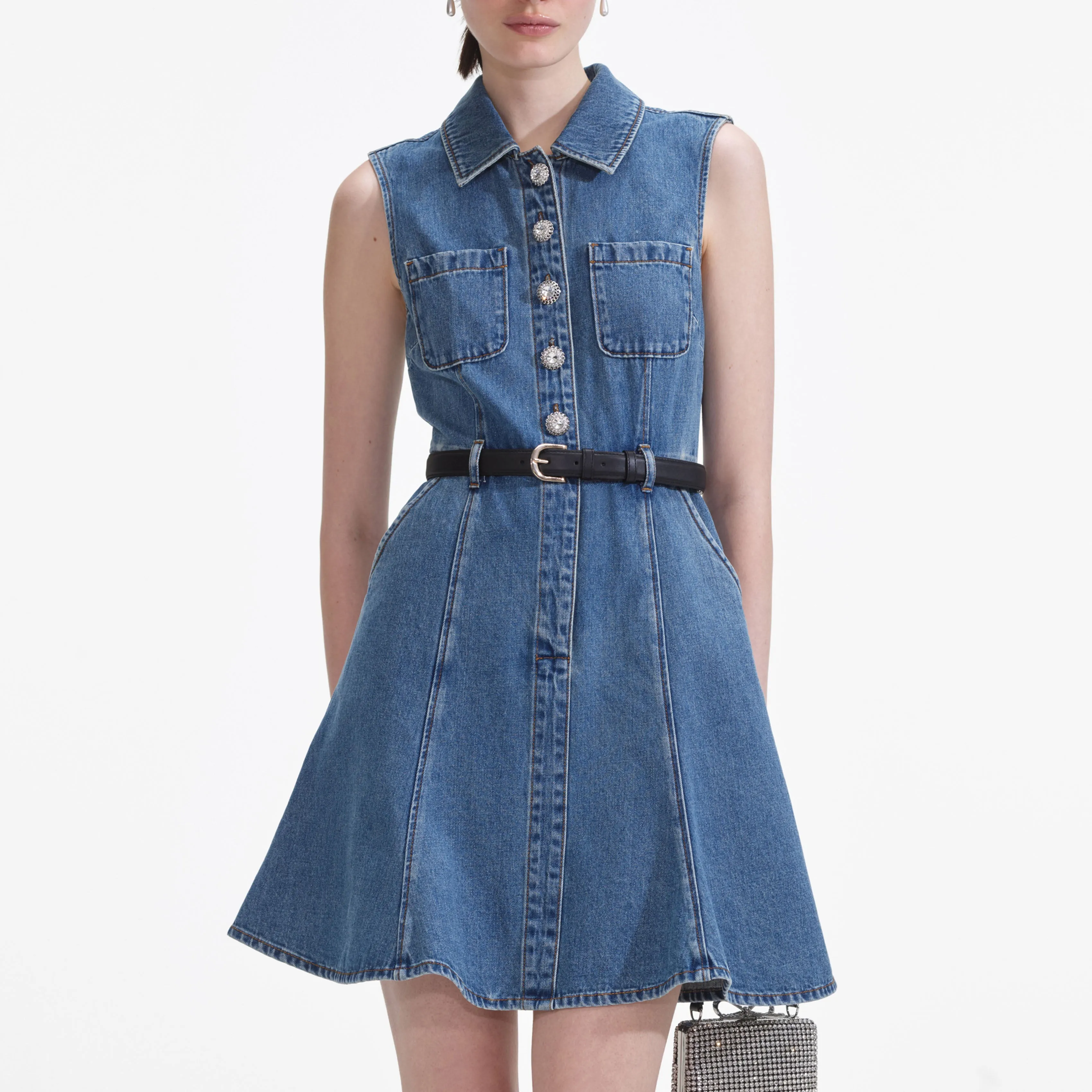 Denim Sleeveless Pearl Mini Dress Self Portrait
