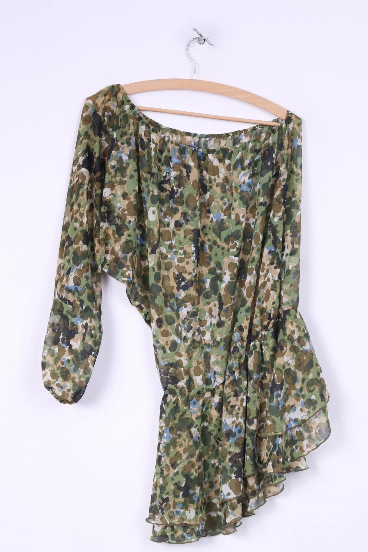 Dennny Rose Womens S Blouse Transparent Long Sleeve Tunic One Shoulder Camulfage