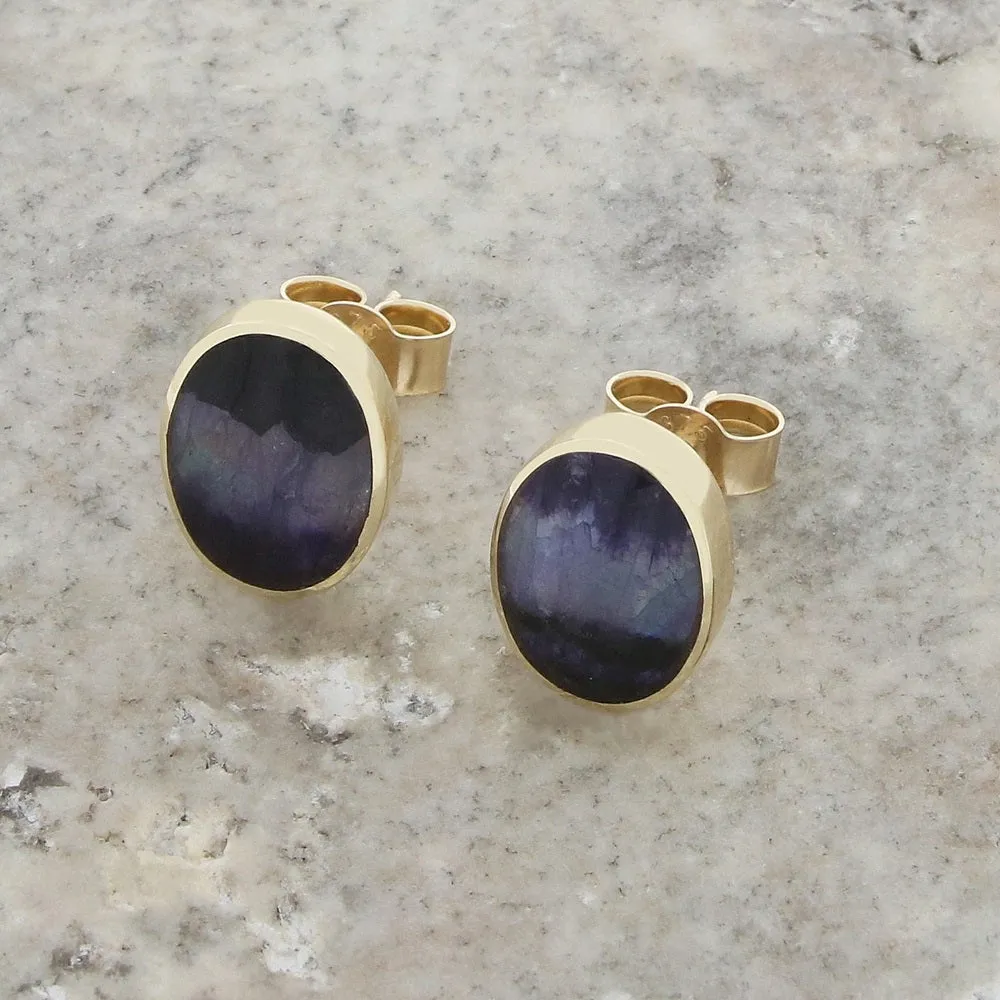 Derbyshire Blue John 9ct Yellow Gold Oval Stud Earrings