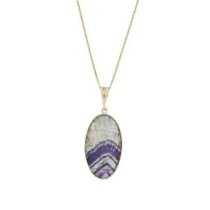 Derbyshire Blue John and Labradorite 9ct Yellow Gold Large Oval Pendant Necklace