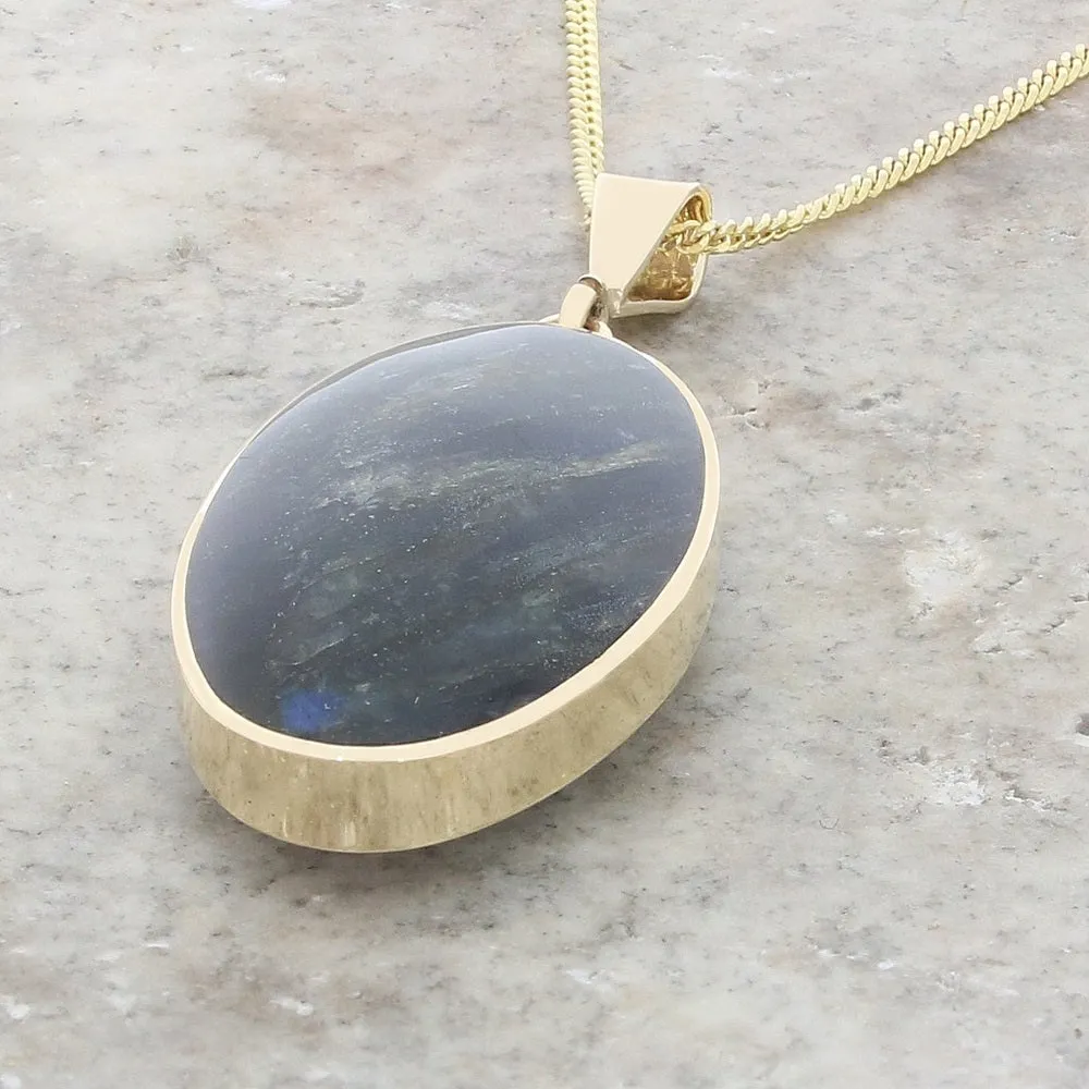 Derbyshire Blue John and Labradorite 9ct Yellow Gold Large Oval Pendant Necklace