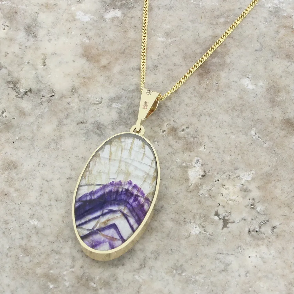 Derbyshire Blue John and Labradorite 9ct Yellow Gold Large Oval Pendant Necklace