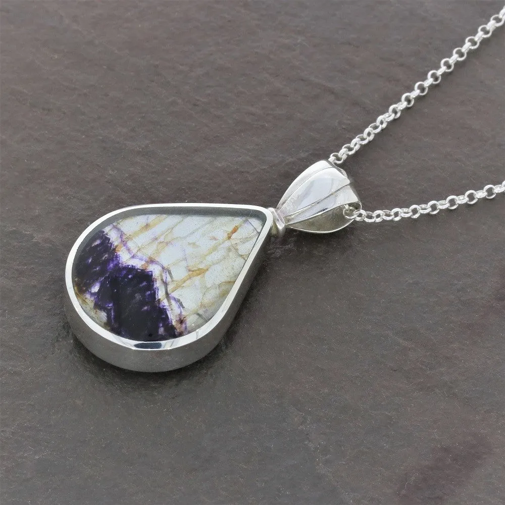 Derbyshire Blue John And Labradorite Silver Teardrop Reversible Pendant And Chain