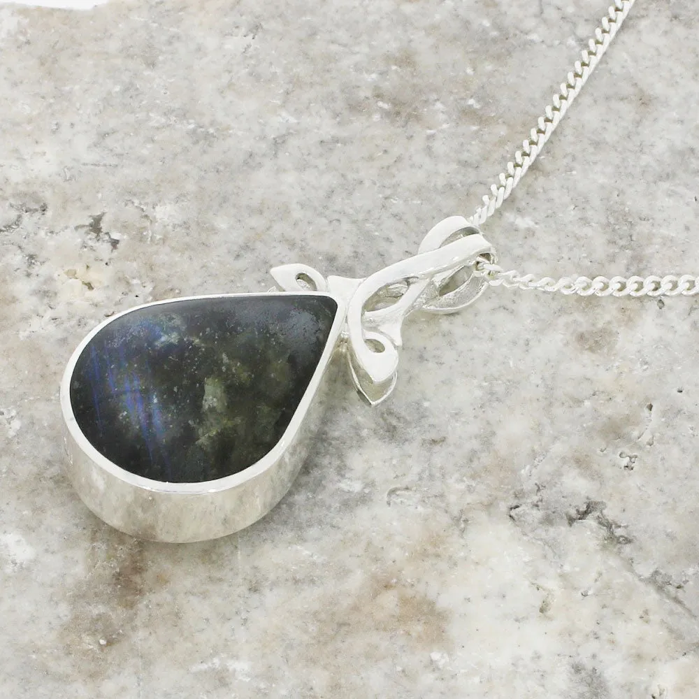 Derbyshire Blue John and Labradorite Teardrop Silver Pendant and Chain