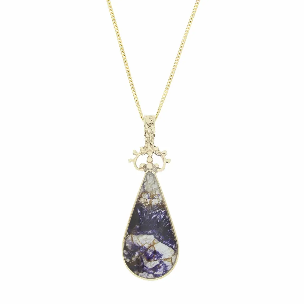 Derbyshire Blue John and Mother of Pearl 9ct Yellow Gold Pear Shape Pendant Necklace