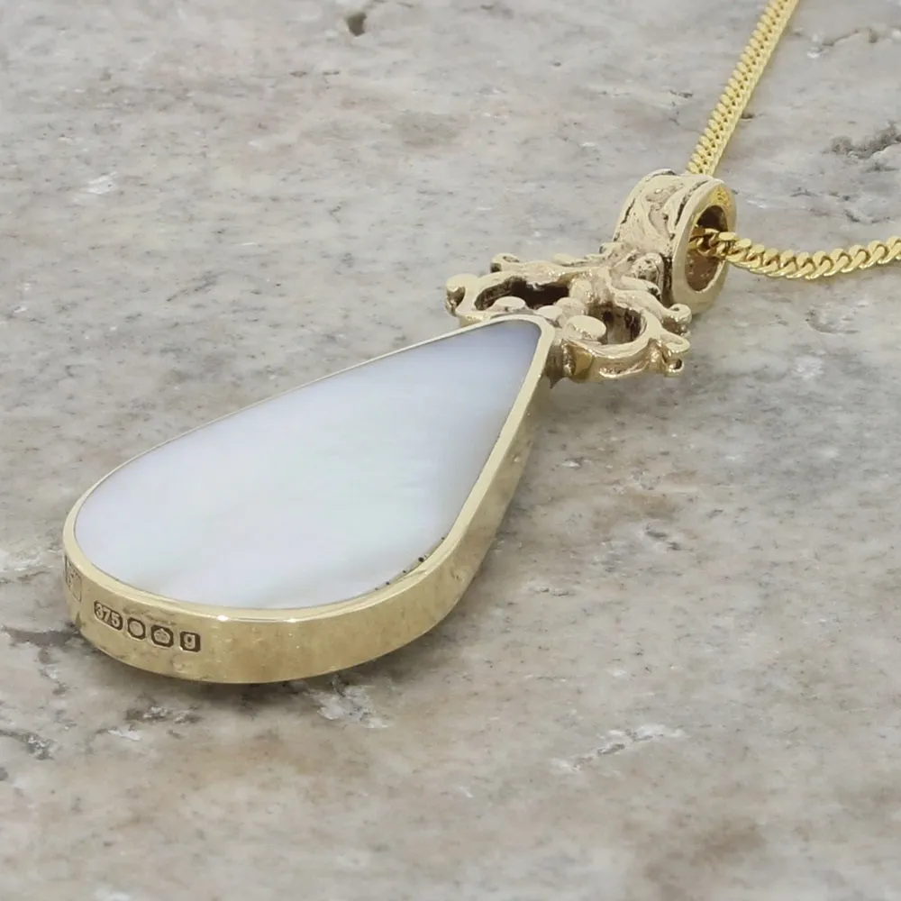 Derbyshire Blue John and Mother of Pearl 9ct Yellow Gold Pear Shape Pendant Necklace
