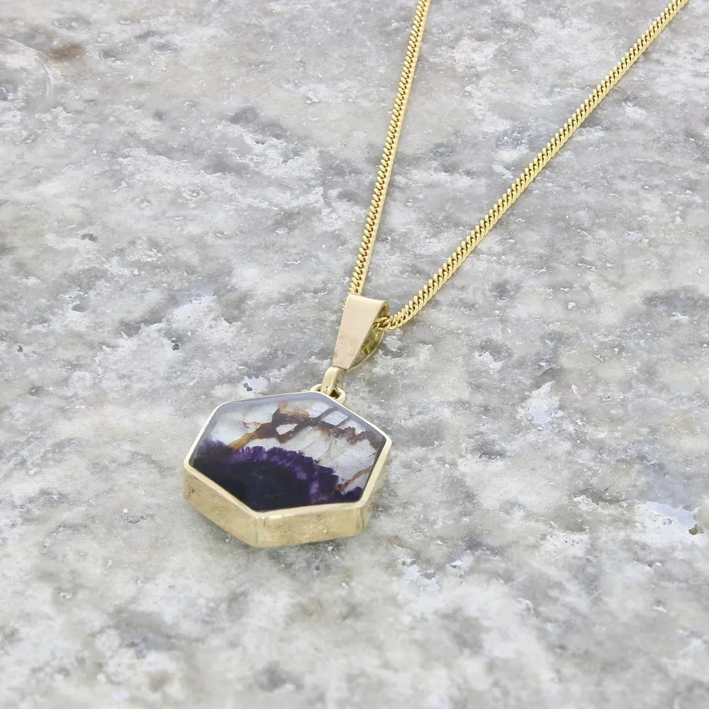 Derbyshire Blue John and Opalique 9ct Yellow Gold Hexaganol Reversible Pendant Necklace