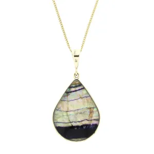 Derbyshire Blue John and Whitby Jet 9ct Yellow Gold Large Pear Pendant Necklace