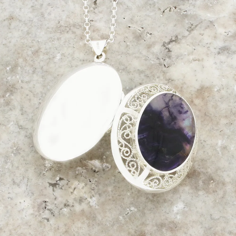 Derbyshire Blue John Filigree Oval Locket and Chain