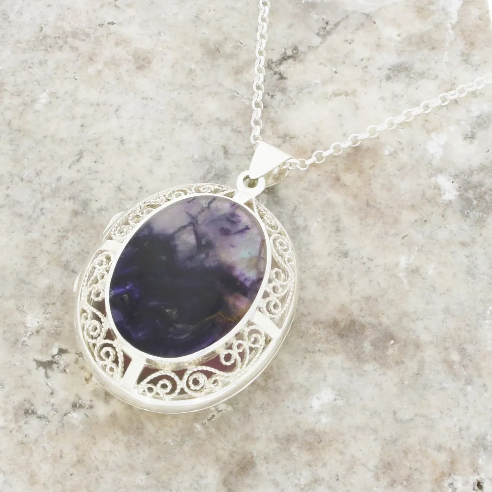 Derbyshire Blue John Filigree Oval Locket and Chain