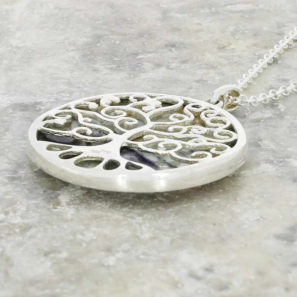 Derbyshire Blue John Silver Tree of Life Large Round Pendant And Chain