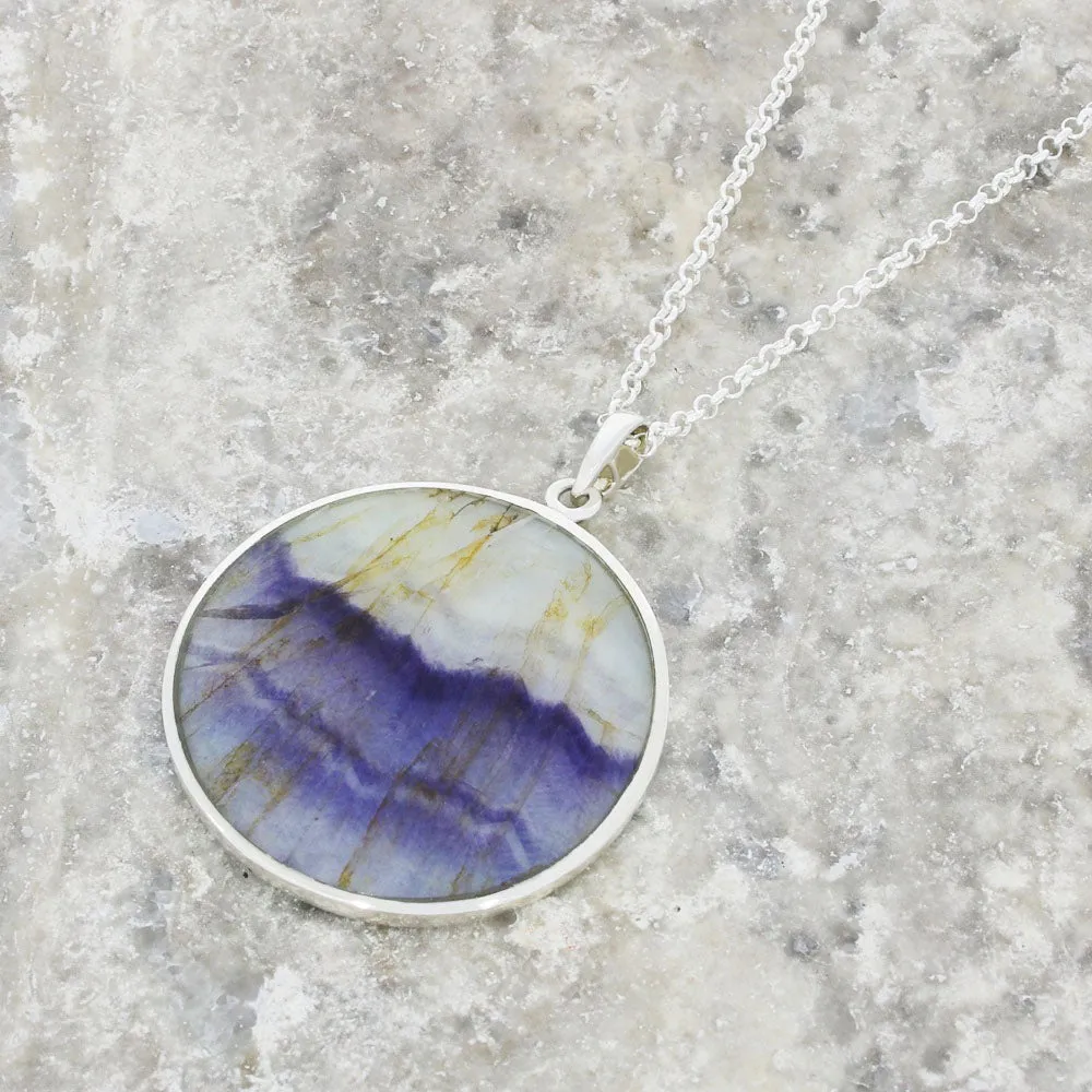 Derbyshire Blue John Silver Tree of Life Large Round Pendant And Chain