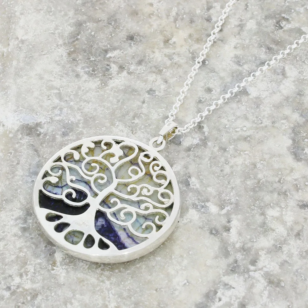 Derbyshire Blue John Silver Tree of Life Large Round Pendant And Chain