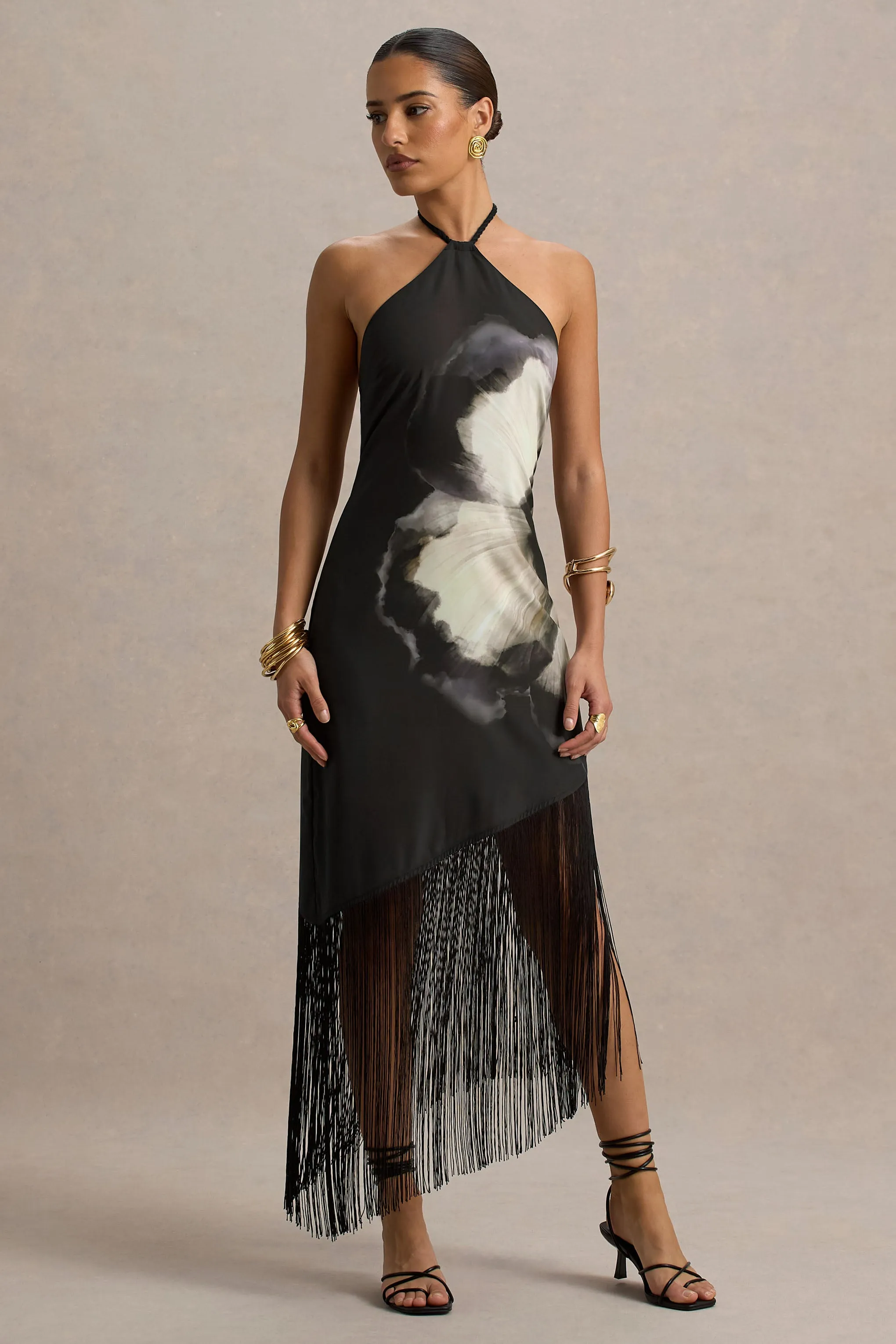 Dhalia | Black Floral Print Halter-Neck Fringe Maxi Dress Club L London