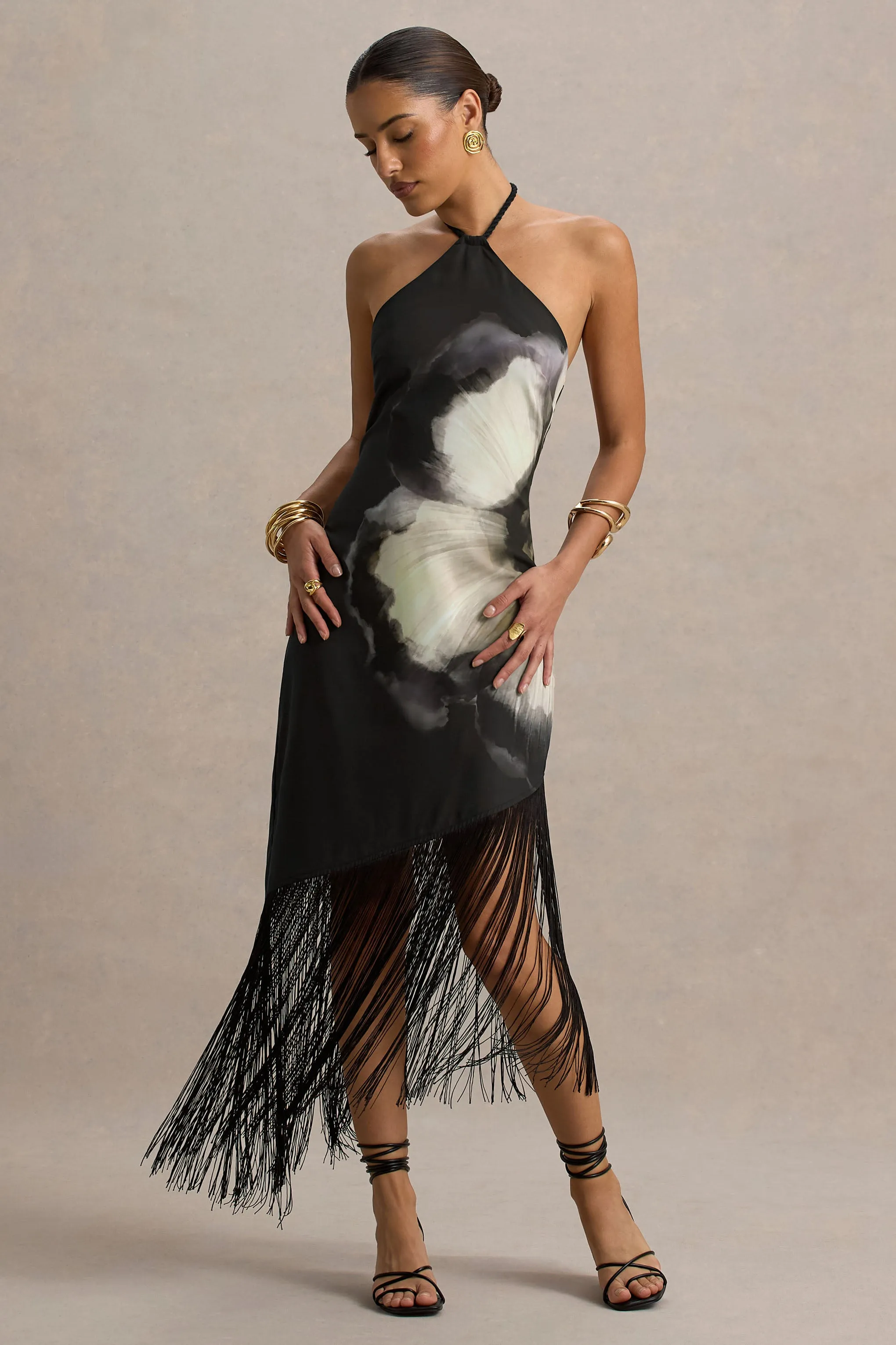 Dhalia | Black Floral Print Halter-Neck Fringe Maxi Dress Club L London