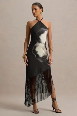 Dhalia | Black Floral Print Halter-Neck Fringe Maxi Dress Club L London