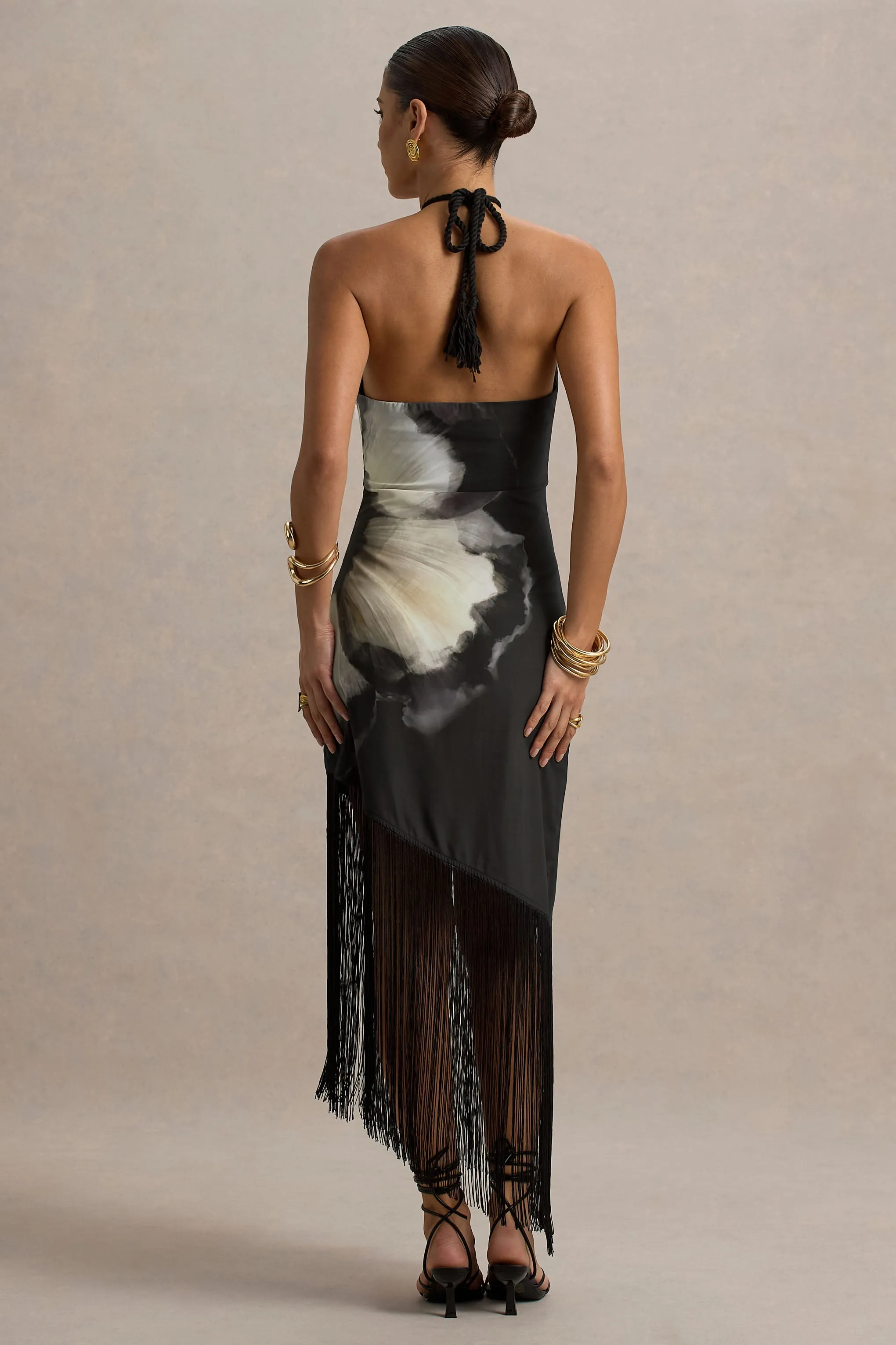 Dhalia | Black Floral Print Halter-Neck Fringe Maxi Dress Club L London