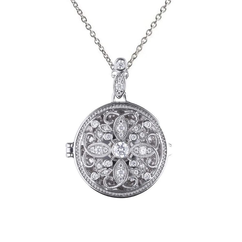 Diamonfire Sterling Silver Cubic Zirconia Round Medallion Filigree Locket and Chain P4613