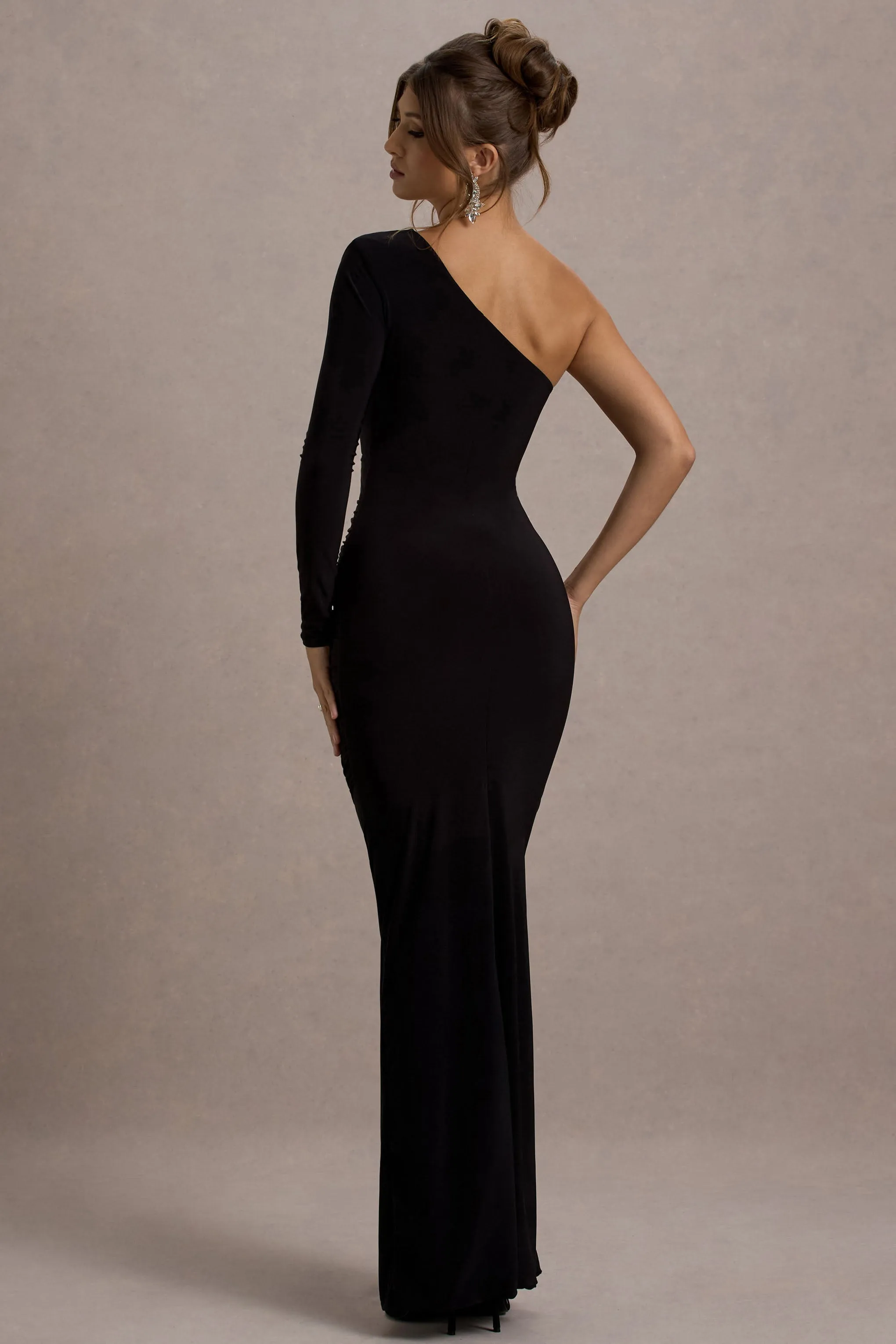 Doll | Black Asymmetric One Sleeve Ruched Maxi Dress Club L London