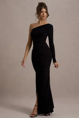 Doll | Black Asymmetric One Sleeve Ruched Maxi Dress Club L London
