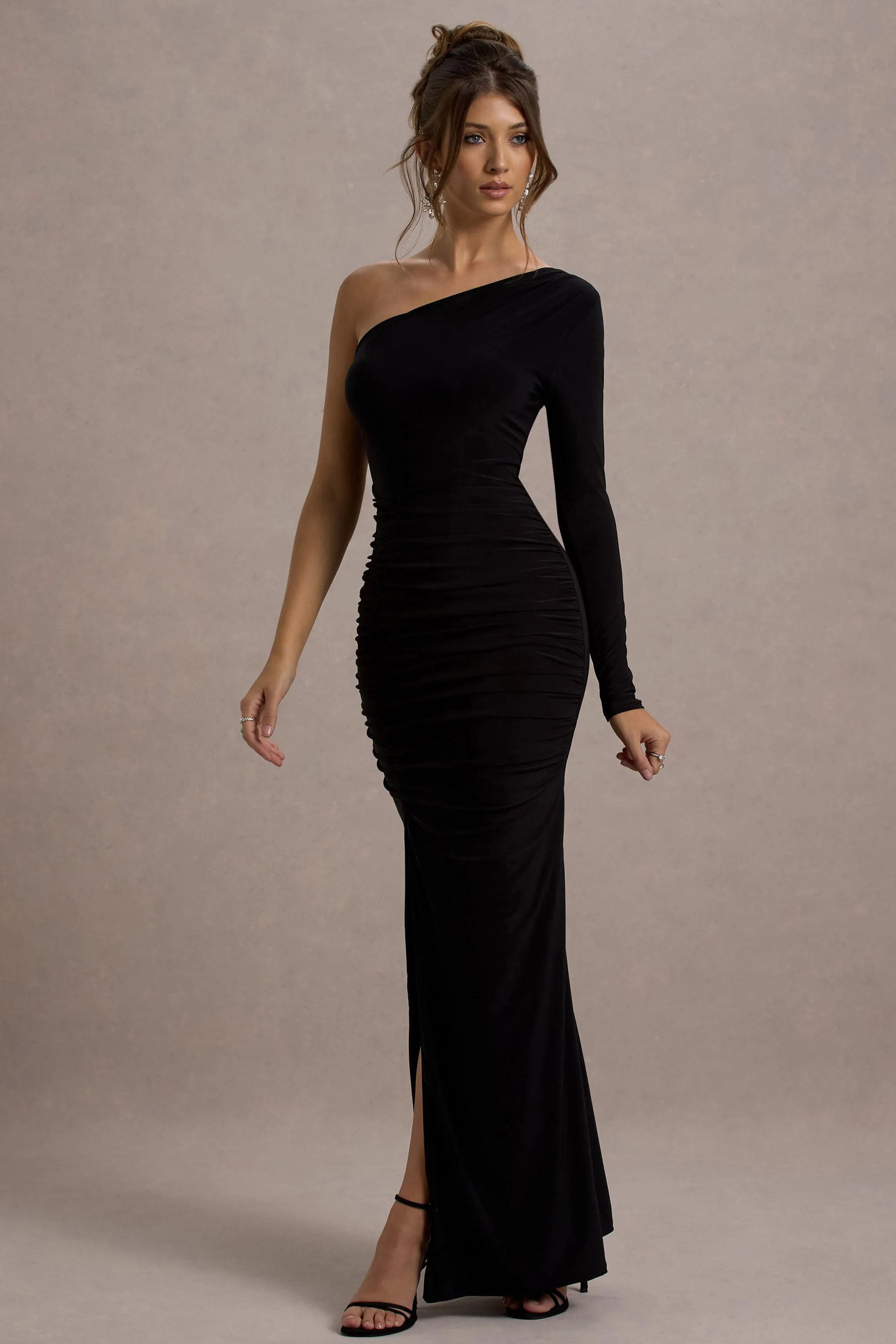 Doll | Black Asymmetric One Sleeve Ruched Maxi Dress Club L London