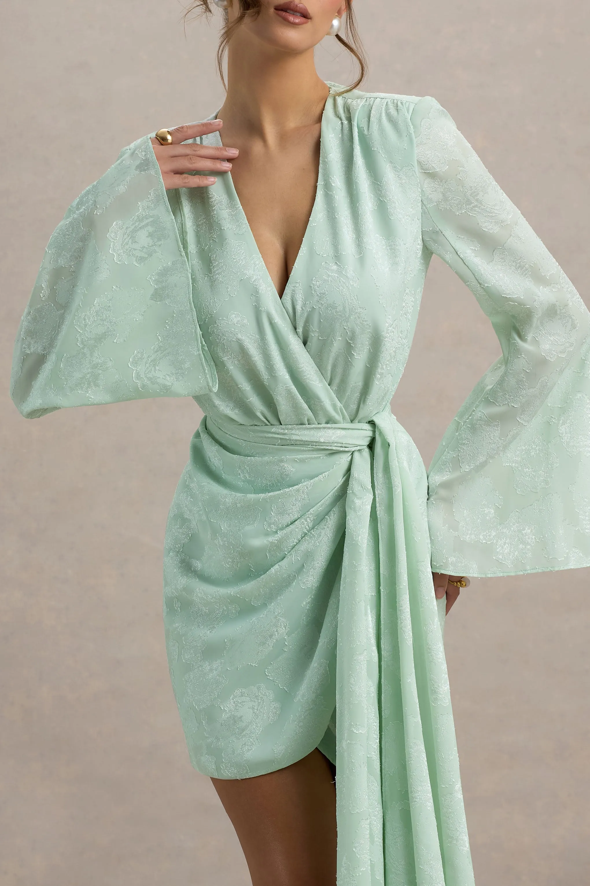 Doreen | Mint Long-Sleeve Wrap Mini Dress Club L London